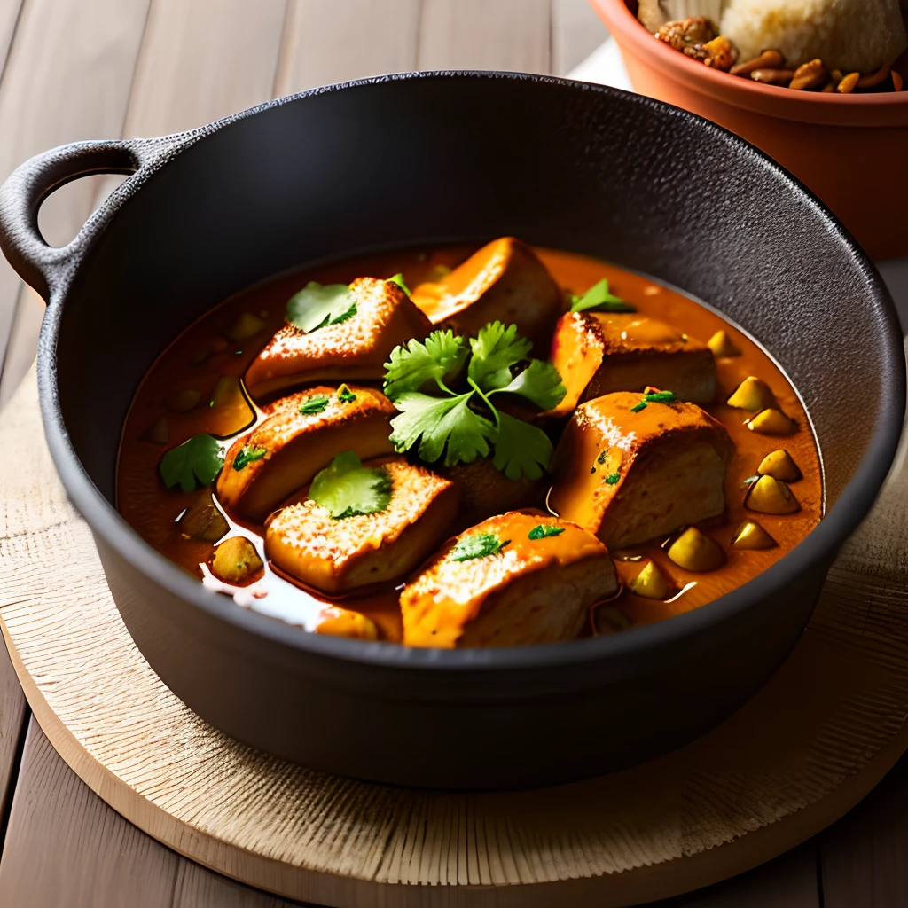 Sweet curry with chicken in a clay pot on a wooden table.