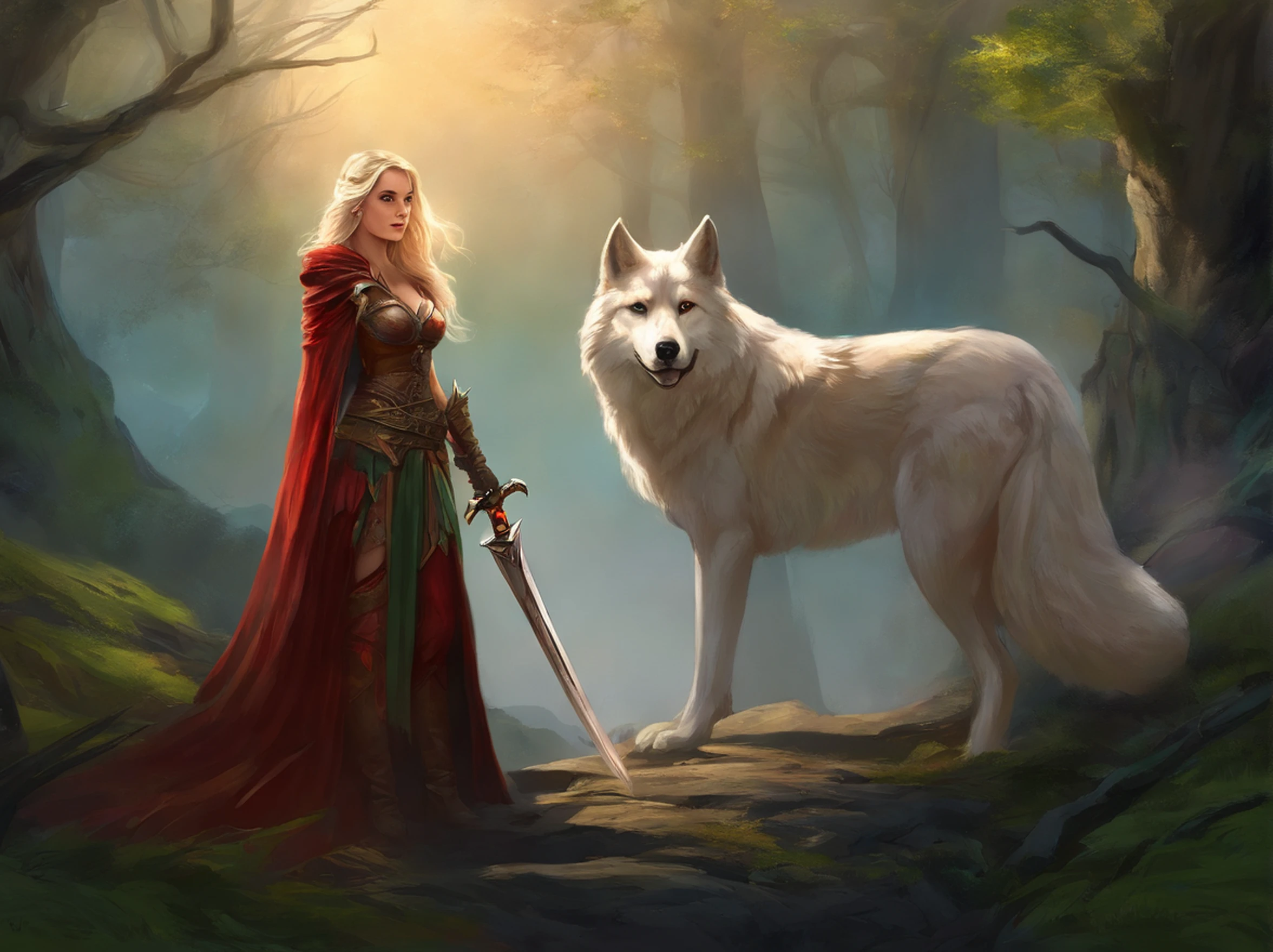 fantasy art, RPG art, Dark fantasy art, ultra wide shot, RAW, photorealistic, a picture of female human ranger and her wolf pet, the ranger, an exquisite beautiful human woman, long blond hair, braided hair, green eyes, wearing leather armor, wearing (red cloak: 1.1), armed with a (sword: 1.3), wearing laced boots, standing in a dark forest at night, (mist rising from the grounds: 1.3), a sense of dread and fear, yet she stands defiant and fearless, her wolf pet stands near her, protecting her, dark fantasy forest background, best quality, 16k, [ultra detailed], masterpiece, best quality, (ultra detailed), full body, ultra wide shot, photorealism