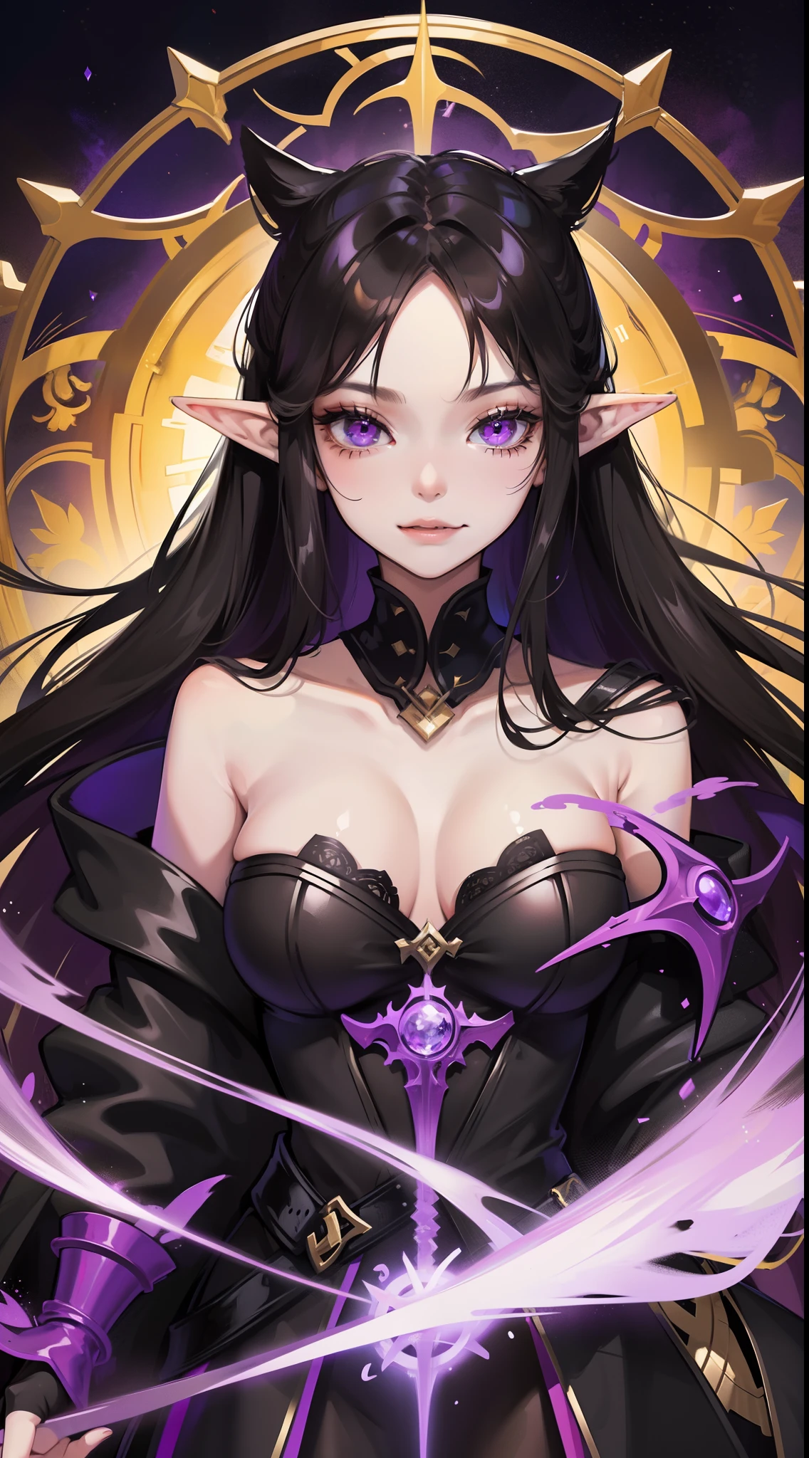young girl, Long black hair, violet eyes, elf ears, smirk, Purple Sorcerer Form, Gold Elements, water magic, Masterpiece, hiquality, 4k, HD, Good detail
