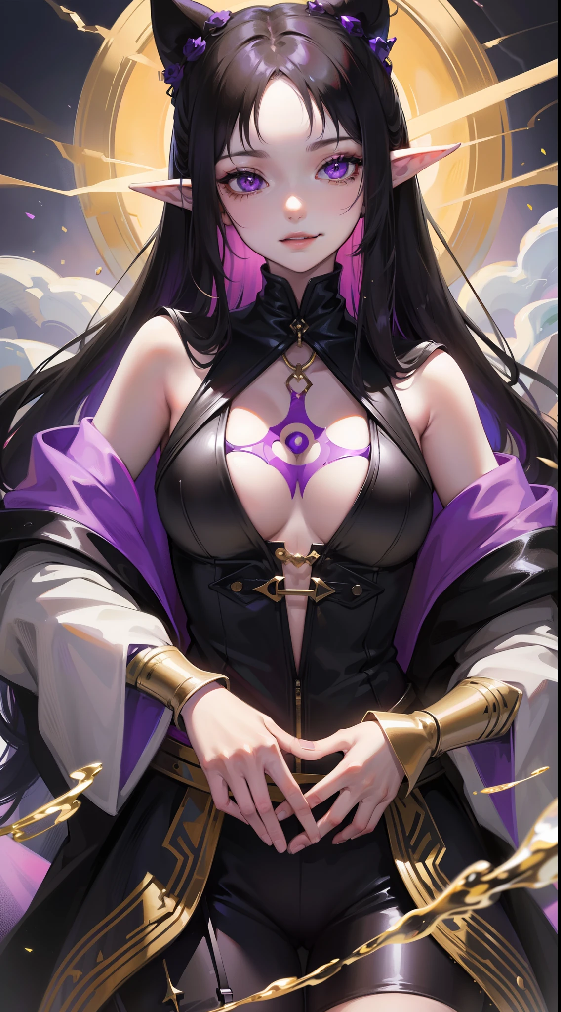 young girl, Long black hair, violet eyes, elf ears, smirk, Purple Sorcerer Form, Gold Elements, water magic, Masterpiece, hiquality, 4k, HD, Good detail