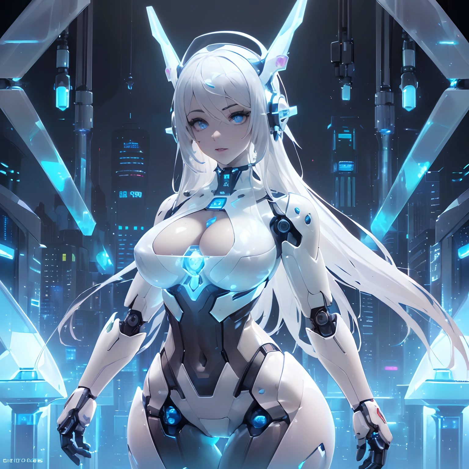 (((Of the highest quality)), (masterpiece), (detail:1.4), (((translucent mechanical robotic parts, black cyborg))), ((((solo)))), (((female focus))), ((woman made out of cyber parts)), ((skin of hips and thighs)), (((futuristic background))), many blue lights, (long white hair), (((Beautiful iridescent long hair))), (((blue Aurora Inner Hair))), Costume typography and numbering, ((grey and black eyes)), (((full lips))), detailed face, gorgeous eyes, iridescent body, standing, ((facing camera)), (((skin of the cleavage)), (glowing eyes), (in a futuristic city), (((wearing a futuristic white one piece)), ((futuristic headgear)), ((posing))