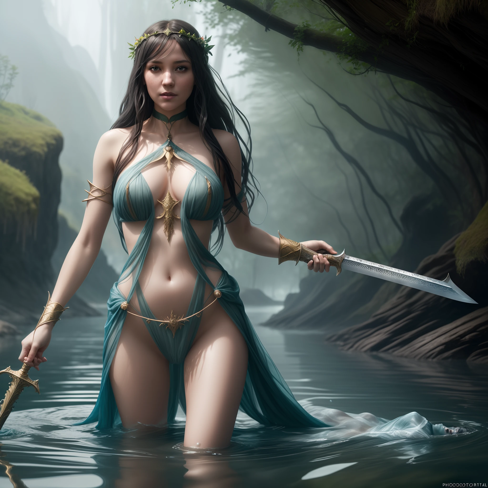 lady of the lake, a fey woman partially submerged, arms outstretched (((holding Excaliber sword horizontaly))), water dripping off of clothes, flowing gossamer clothing, enchanting,artstation,smooth, sharp focus,art by ross tran and greg rutkowski and alphonse Mucha and Bak Karol, (digital painting:1.16), soft lighting, CGSociety,ArtStation,(__Hyperrealism:1.3),(__Photorealism:1.3),(Land Art:1.3),(CMYK Colors:0.5),naturalism,land Art,regionalism,shutterstock contest winner,trending on unsplash,featured on Flickr