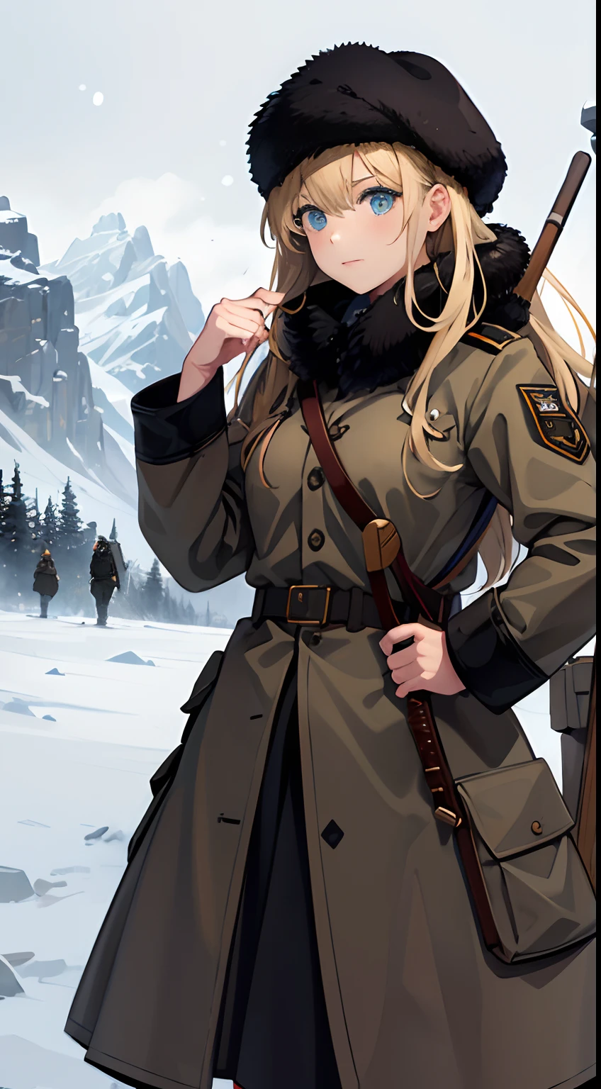 trench warfare, WW1, {{2 girls}}, blond, in snow mountain, fjord, ushanka, winter coat, BDU, 1 girl holding civil engineering shovel, (best quality, perfect quality), high resolution, looking afar