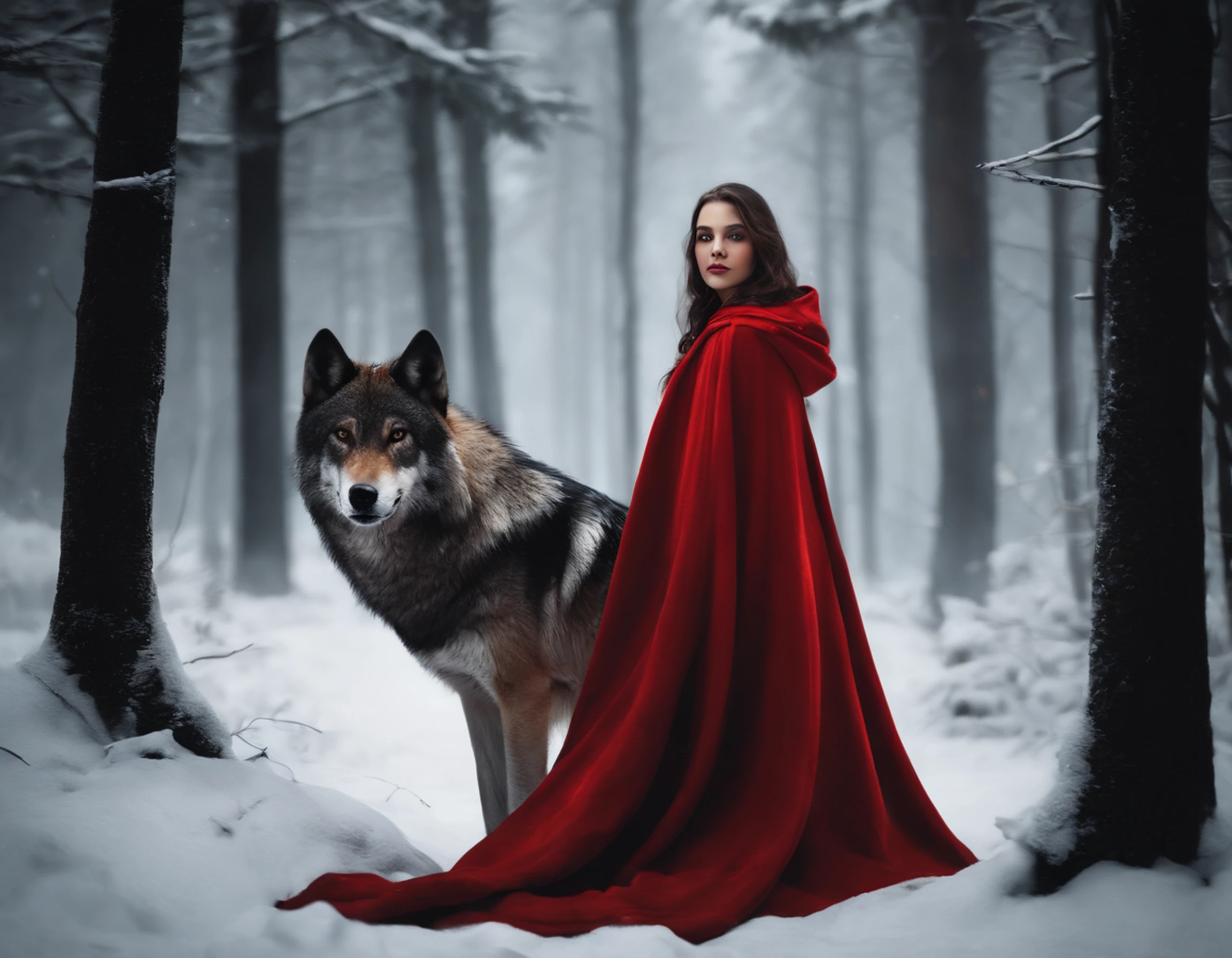 《Girl in red cloak with wolf in dark forest》Detailed digital painting, a photorealistic painting, artsy photography