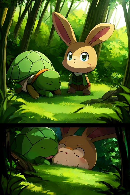 In the forest, a turtle and a rabbit are talking face to face, anime, Minimalism, Action painting, stereogram, close-up, ccurate, high details, high quality, best quality, 8k