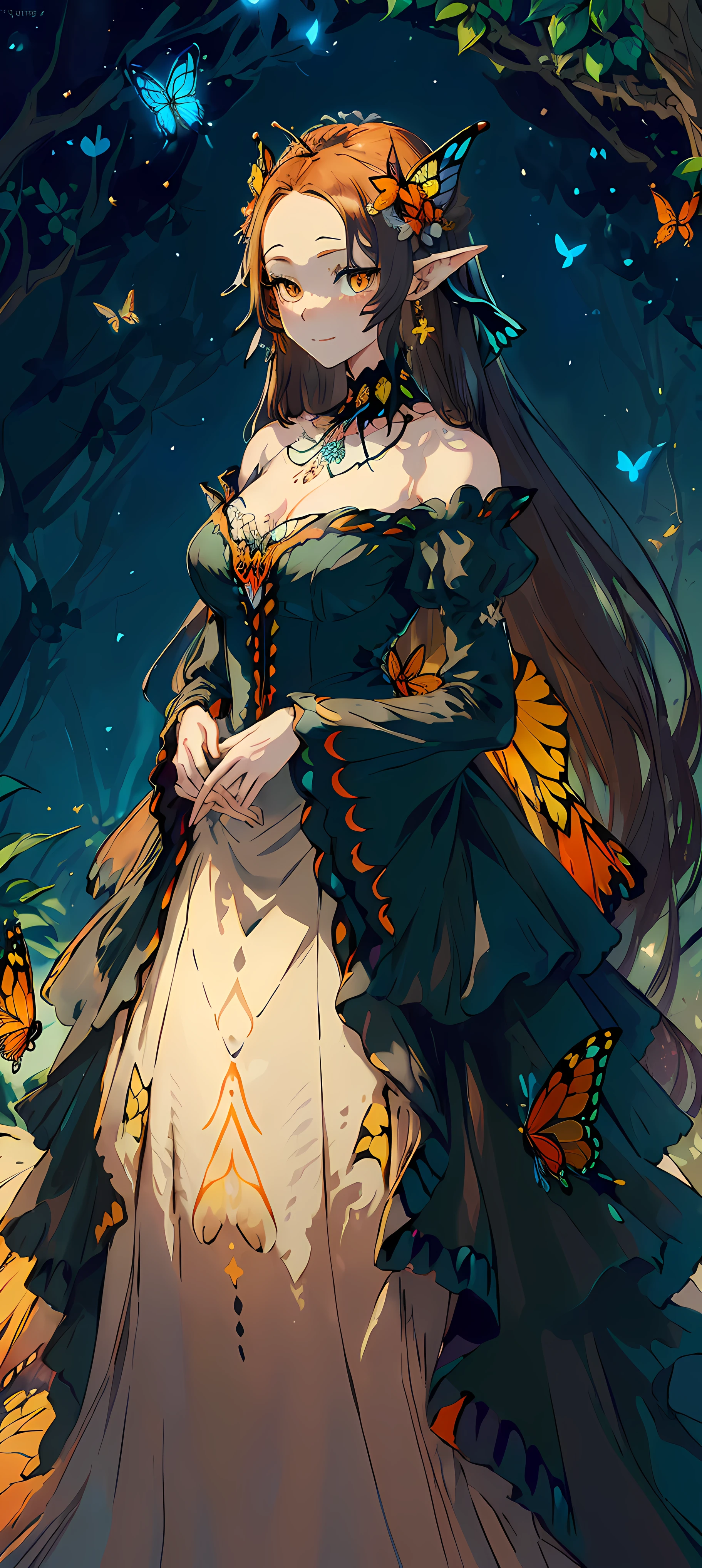 ((fullbody)) 1girl, colorful monarch butterfly girl, ((huge majestic butterfly wings : 1.3)), head wings, ((((butterfly wing ears))), absurdly long hair, (very long hair), long thin sidelocks, forehead, ((forehead jewel marking : 1.2)), blushing, full face blushing, narrowed sparkling ((deep orange eyes : 1.2)), mature lady, cute pose, happy facial expression, ((warm smile)), tattoos, butterfly tattoos, hands on own cheeks,
((gorgeous and elegant fashion)) ephemeral black, orange, yellow and brown ((multicolored monarch butterfly dress)), very long dress, ((evening gown)), detached long sleeves, ((wide draping sleeves)), ribbon trim, (yellow ribbon), orange ribbon, ((dozens of beautiful butterflies sewn onto long flowy gown skirt : 1.3)), butterfly ((head wreath)), long sheer coat, large hair ornament, ((butterflies hair ornament : 1.2)), hair_flower, butterfly hairpins, floral earrings, ((monarch butterfly pendant necklace : 1.2)) ((hyperdetailed clothing and fashion)) looking at you, vintage girl, blushing, (beautiful detailed eyes), (extremely detailed CG unity 8k wallpaper) (best shadow), ((an extremely delicate and beautiful)), (detailed light), ((depth of field)) big head, big sparkling eyes, moe, splash art, cinematic lighting, frontal view, volumetric lighting maximalist photo illustration 64k resolution high res intricately detailed complex key visual precise linear line art,
((standing in the beautiful enchanted fairytale forest background, under the cloudy sunset skies and canopy trees, spring, surrounded by dozens of beautiful butterflies, swarmed by butterflies, tall grass, huge flowing wildflowers in dozens of colors, vines, trees reaching the heavens, mystic lamps covered in butterflies)) ((hyperdetailed scenery, very vast view, perspective shot, depth of field, detailed tranquil hillsides and flower fields in the distance, endless butterflies and flowers theme : 1.3))