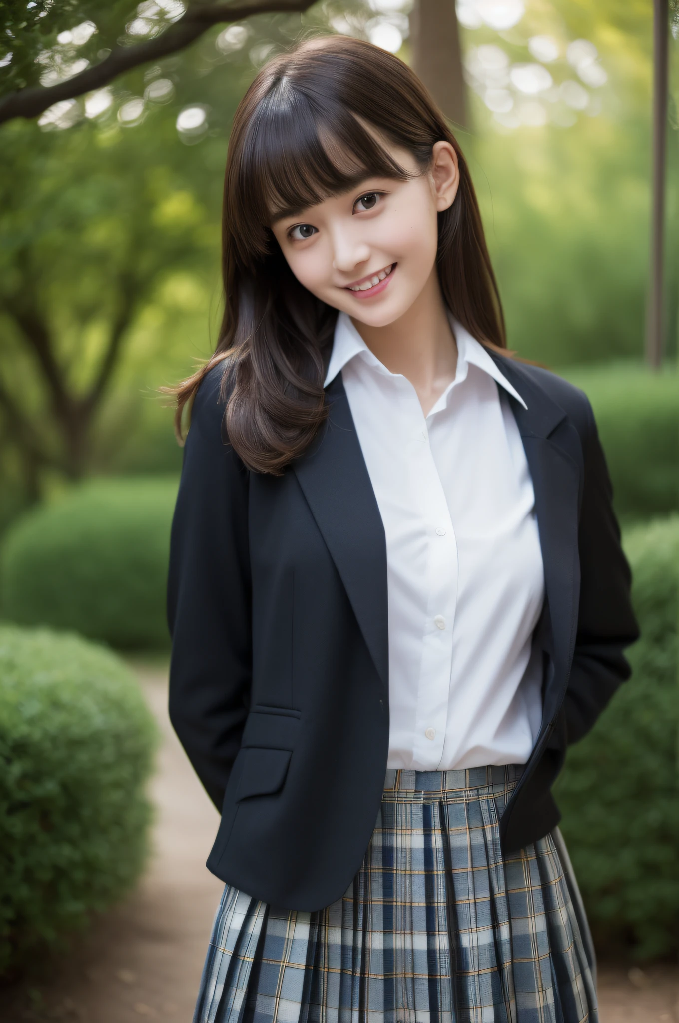 (masterpiece, best quality, 8k, high-resolution), (realistic, photo-realistic),
Natural, ultra high res,Ultra Detailed, Sharp Focus, bokeh, glossy texture, depth of field
BREAK
1girl,young girl,(cute face:1.2),(big eyes:1.2),blunt bangs,medium hair,straight hair, black hair, brown eyes,
(shirtlift, clothes lift, lifted by self,standing,slender,ultra detailed face,Strong light,nipple,midday,Soft light,Front light),navelmedium, breasts,
BREAK
((upper body,outdoors,nature,tree)), ((smile)), ((skirt, realistic, school uniform, jacket, looking at viewer, plaid skirt, black jacket, blazer, pleated skirt, long sleeves, shirt, blurry, white shirt, ))