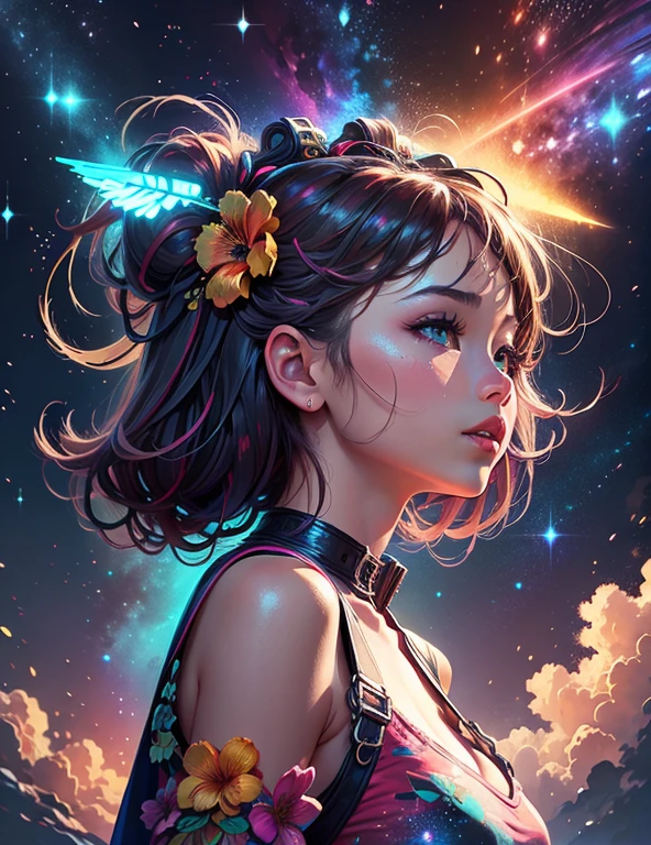 Girl standing in the clouds staring up as the stars, stars floating around her, brilliant colors, amazing swirls of cosmic dust, colorful vibrant, light particles, Create digital artwork in the Pop Art style, Featuring a vibrant and confident young Asian girl,street fashion (breast), Movie color scheme, Surrounded by vintage flower motifs, Vibrant brushstrokes,Emotions should be dynamic, Upper body, Drawing, illustration, escala cinza, tropical, Many flowers,