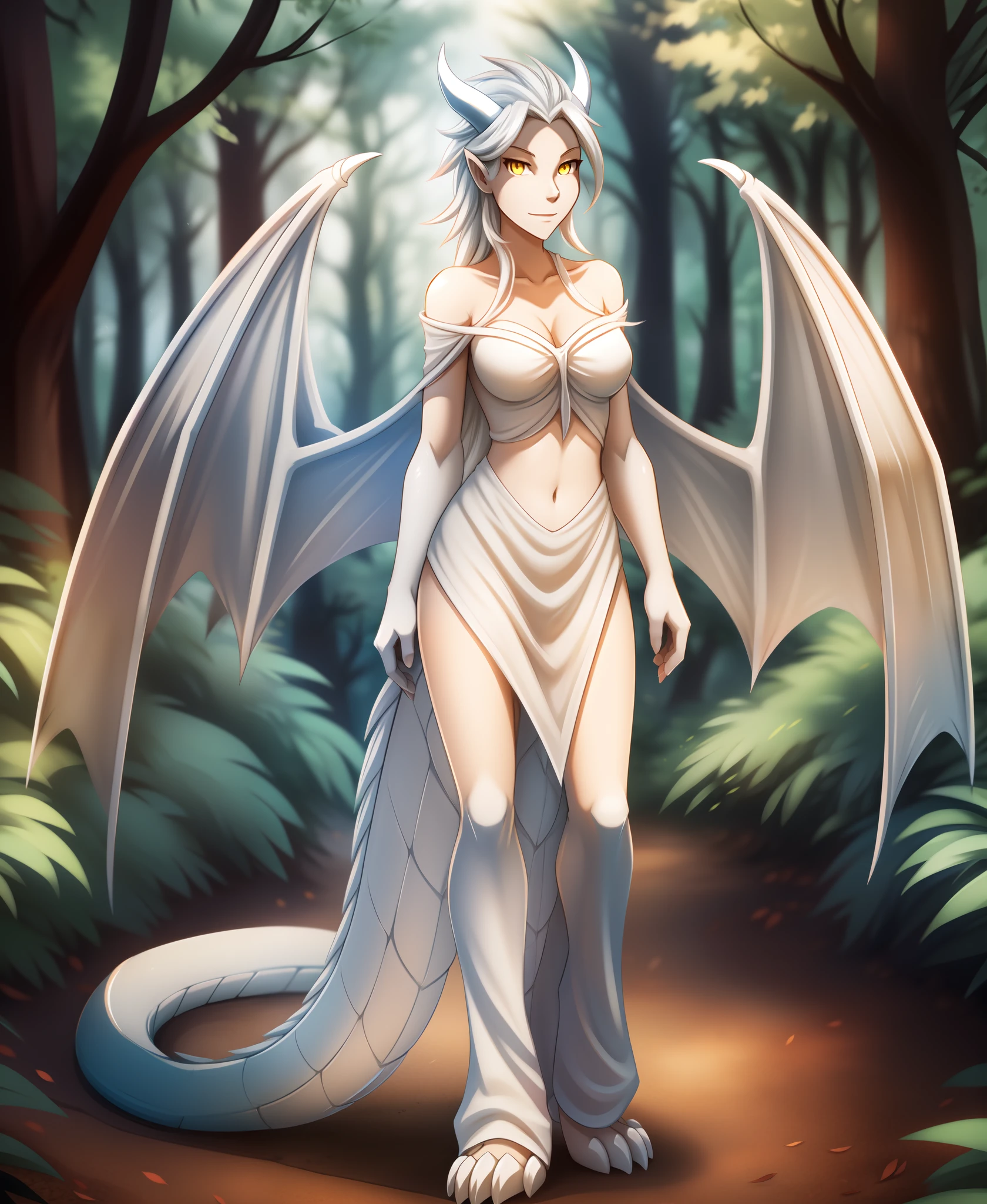 human-nora, twokinds, by tom_fischbach,, (best quality, masterpiece:1), full body ,solo, female human, yellow eyes, white hair, portrait, looking at viewer, horns, scalie, dragon wings, dragon tail, dragon humanoid, (outdoors dark forest trees blurry blurred background:1.1),