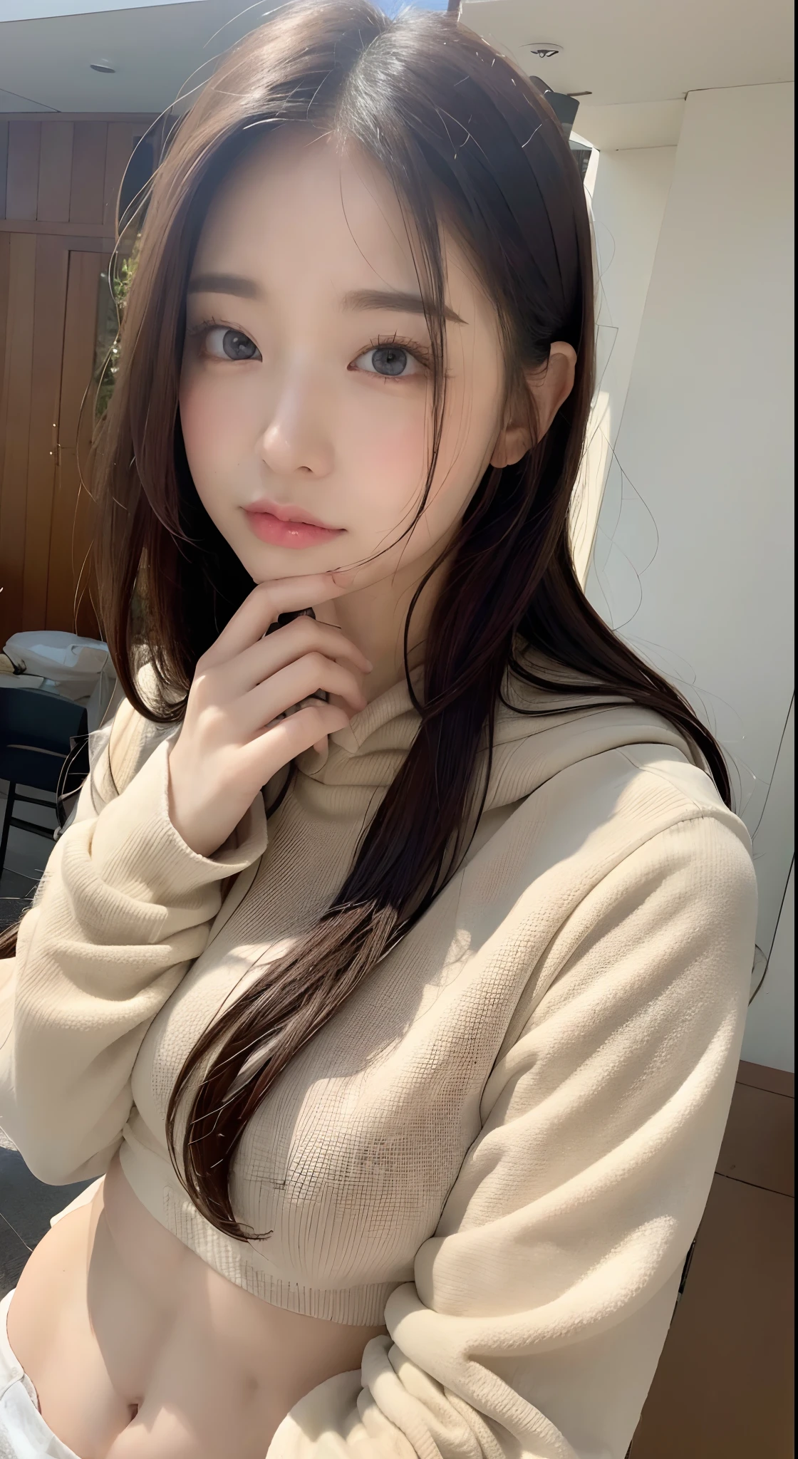 8K,White long-sleeved hoodie,Breast bulge