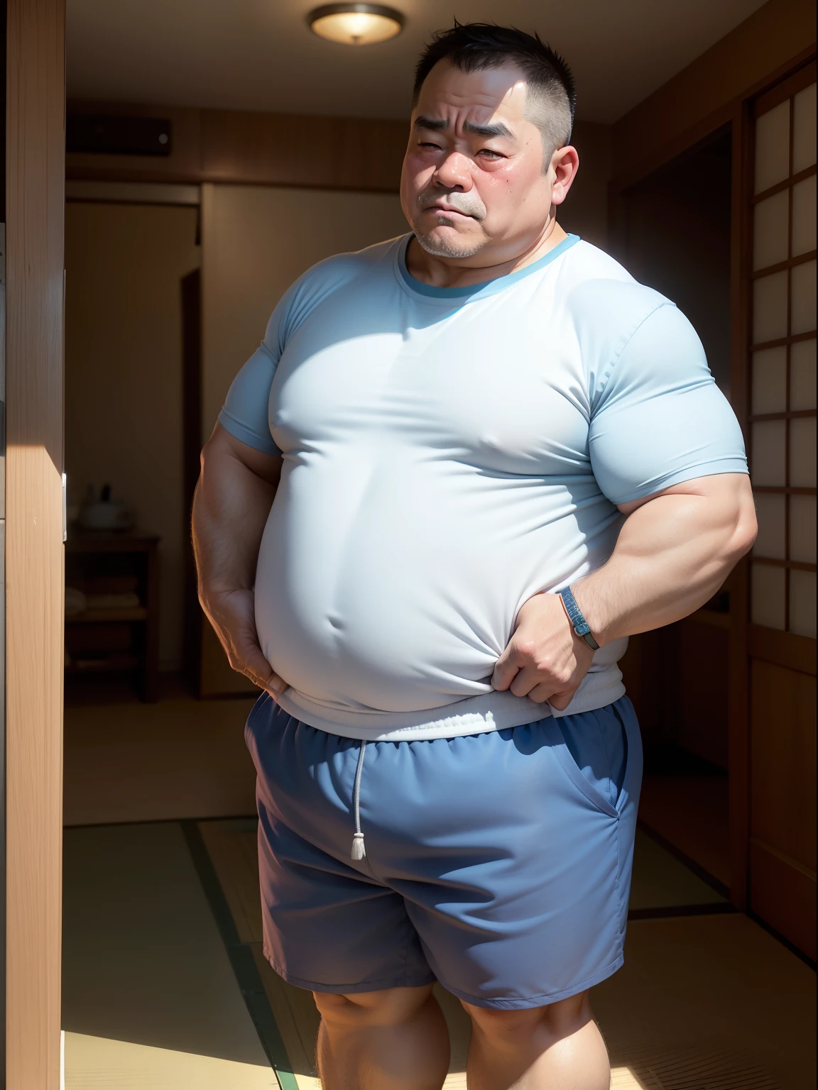 Thick Japan middle-aged man in his 50s, 1man, dwarfism, Standing look down with shrugs, hands between legs, waddle, Bowleg, crew cut, Wearing a white Diapers, Pampers, pants that fall down to the ankles, shirtless, Pacifier and bib, Bare legs, shy, tearful, sob, Bowleg, , a picture, high detail photo, Masterpiece