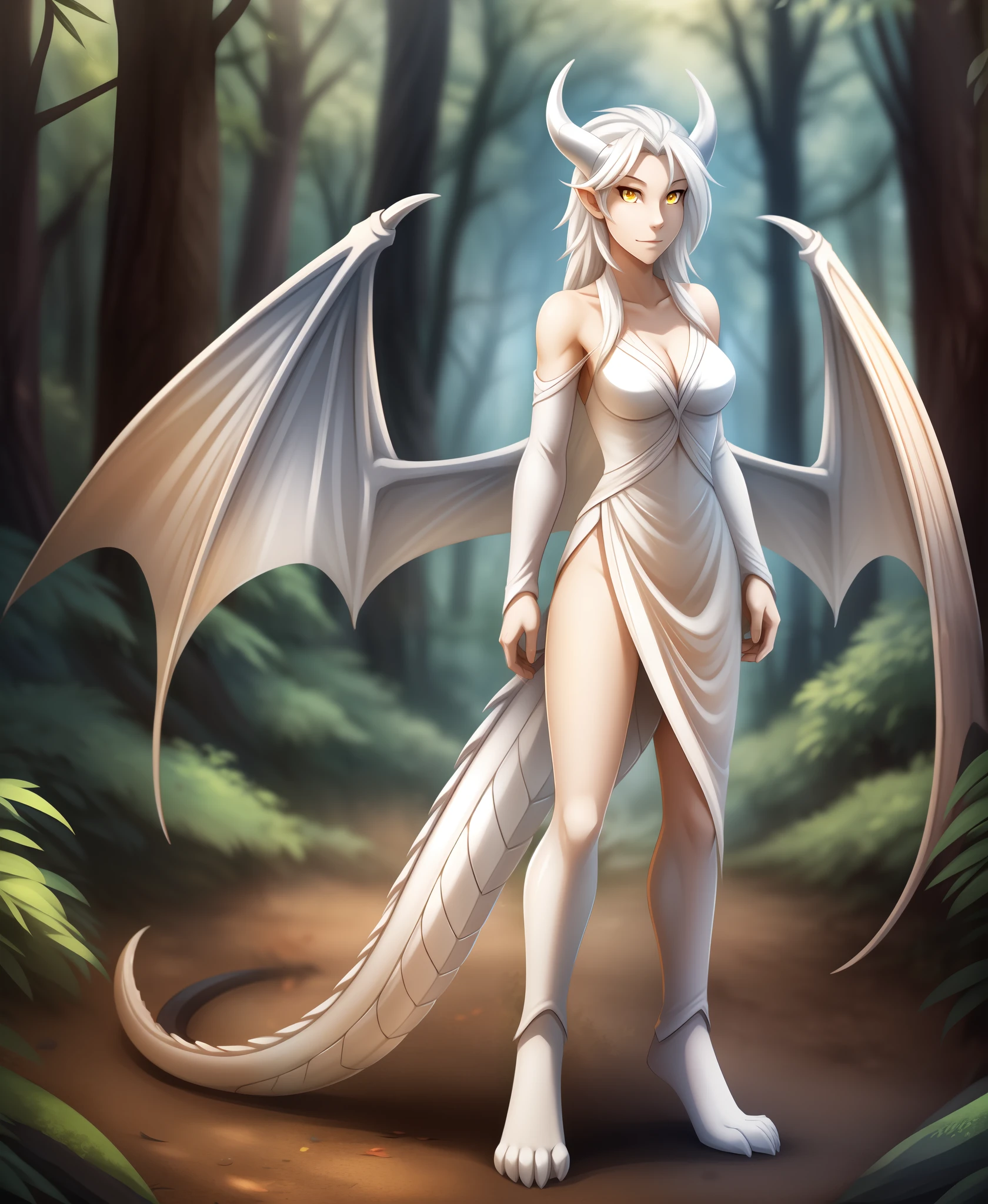 human-nora, twokinds, by tom_fischbach,, (best quality, masterpiece:1), full body ,solo, female human, yellow eyes, white hair, portrait, looking at viewer, horns, scalie, dragon wings, dragon tail, dragon humanoid, (outdoors dark forest trees blurry blurred background:1.1),