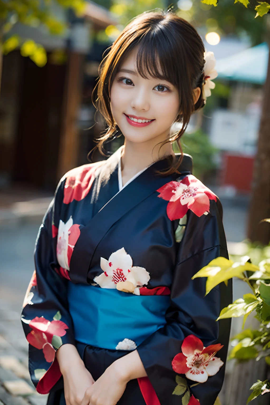 (8K、Raw photography、top-quality、masterpiece:1.2)、(realisitic、Photorealsitic:1.37)、ultra-detailliert、超A high resolution、1人、see the beholder、beautifull detailed face、A smile、Constriction、(Slim waist) :1.3)、Beautiful detailed skin、Skin Texture、Floating hair、Professional Lighting、Whole human body、a blond、Japanese Yukata、floral Yukata、Yukata with autumn leaves pattern、autumnal、Colored leaves、Red ribbons、Bob Hair、Happy smile、Suppin、Bun hairstyle