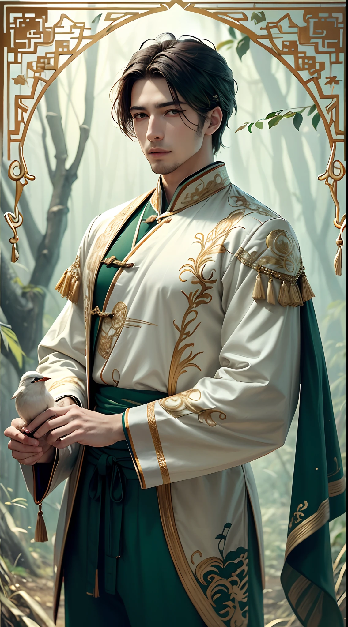 Painting,Majestic and dreamy mood, forest vibes, a man, midnight hair, eyes light green, clothes colors are white and gold with vines embroidery, Chinese clothing mixed with a toga, detailed face, holding a bird, flower vines ornament in shoulder