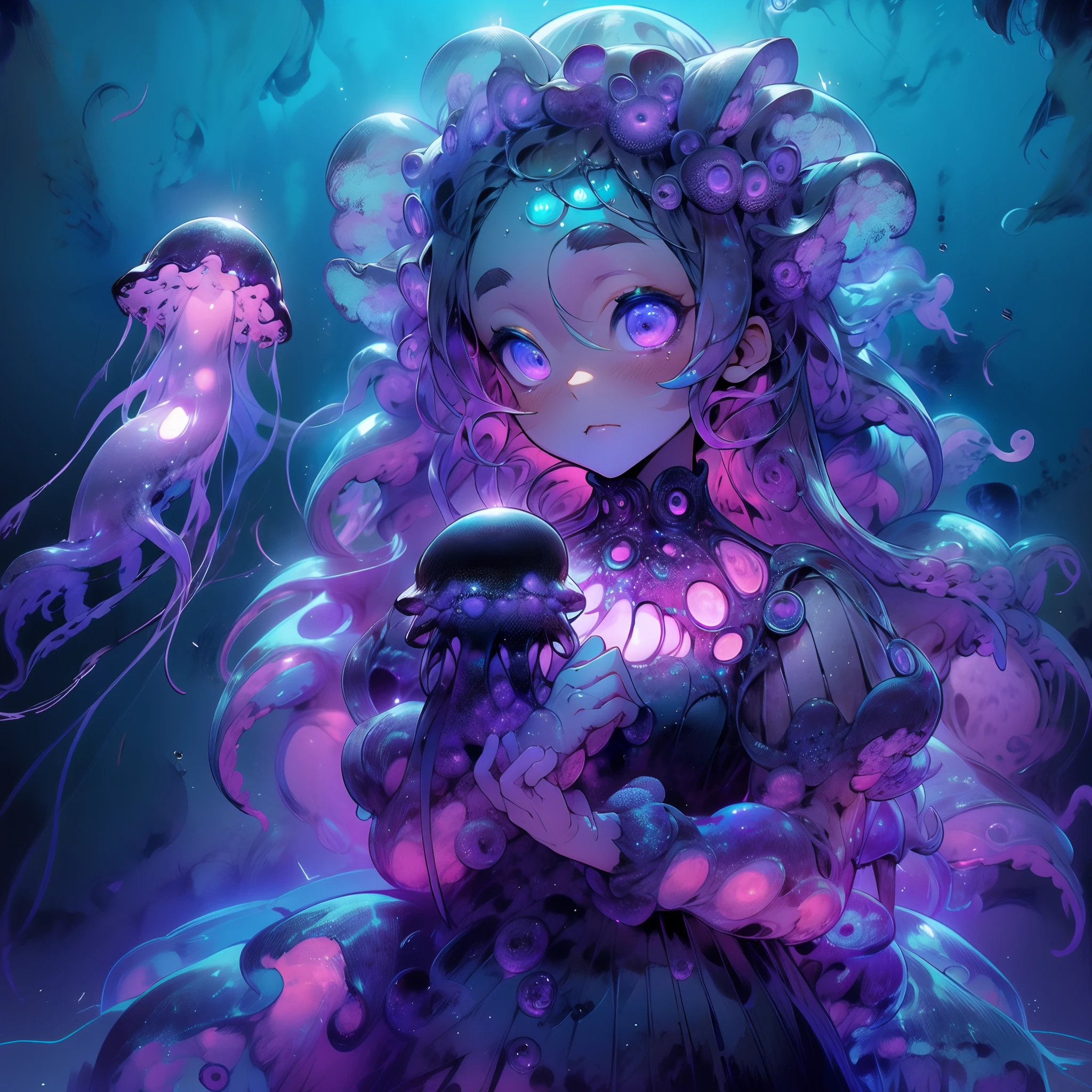 A girl wearing a jellyfish dress. A black jellyfish and a purple glow. Black tentacles lined with purple luminescent bodies. Deep sea.