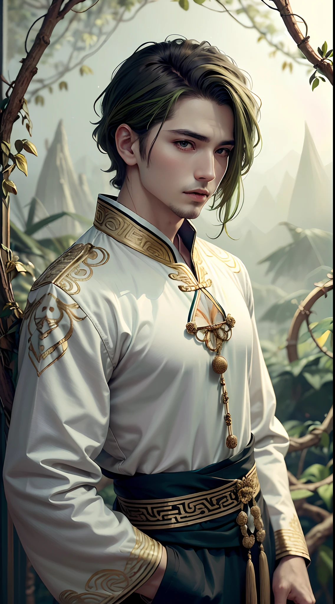 Painting,Majestic and dreamy mood, forest vibes, a man, midnight hair, eyes light green, clothes colors are white and gold with vines embroidery, Chinese clothing mixed with a toga, detailed face, holding a bird, flower vines ornament in shoulder