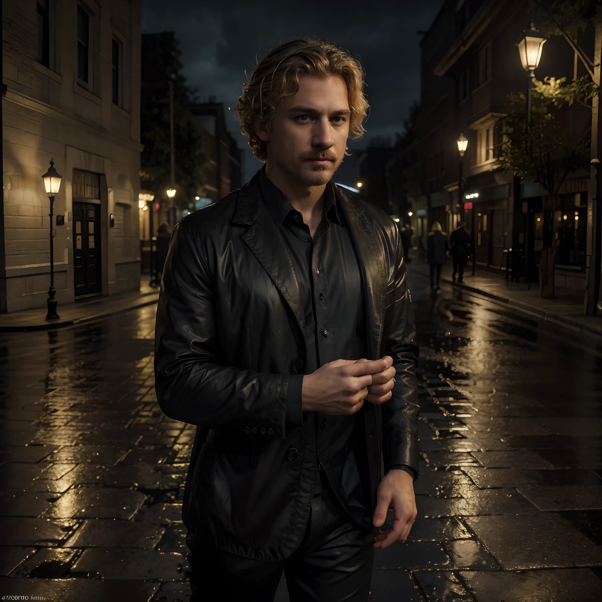 (best quality,4k,8k,highres,masterpiece:1.2),ultra-detailed,(realistic,photorealistic,photo-realistic:1.37),male, detective, blond curly American haircut, blond mustache, full body, black clothes, mysterious background, dark and rainy night illuminated by street lamps