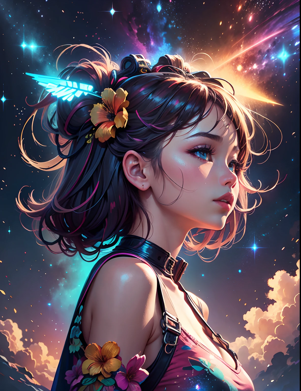 Girl standing in the clouds staring up as the stars, stars floating around her, brilliant colors, amazing swirls of cosmic dust, colorful vibrant, light particles, Create digital artwork in the Pop Art style, Featuring a vibrant and confident young Asian girl，street fashion (breast), Movie color scheme, Surrounded by vintage flower motifs, Vibrant brushstrokes,Emotions should be dynamic, Upper body, Drawing, illustration, escala cinza, tropical, Many flowers,