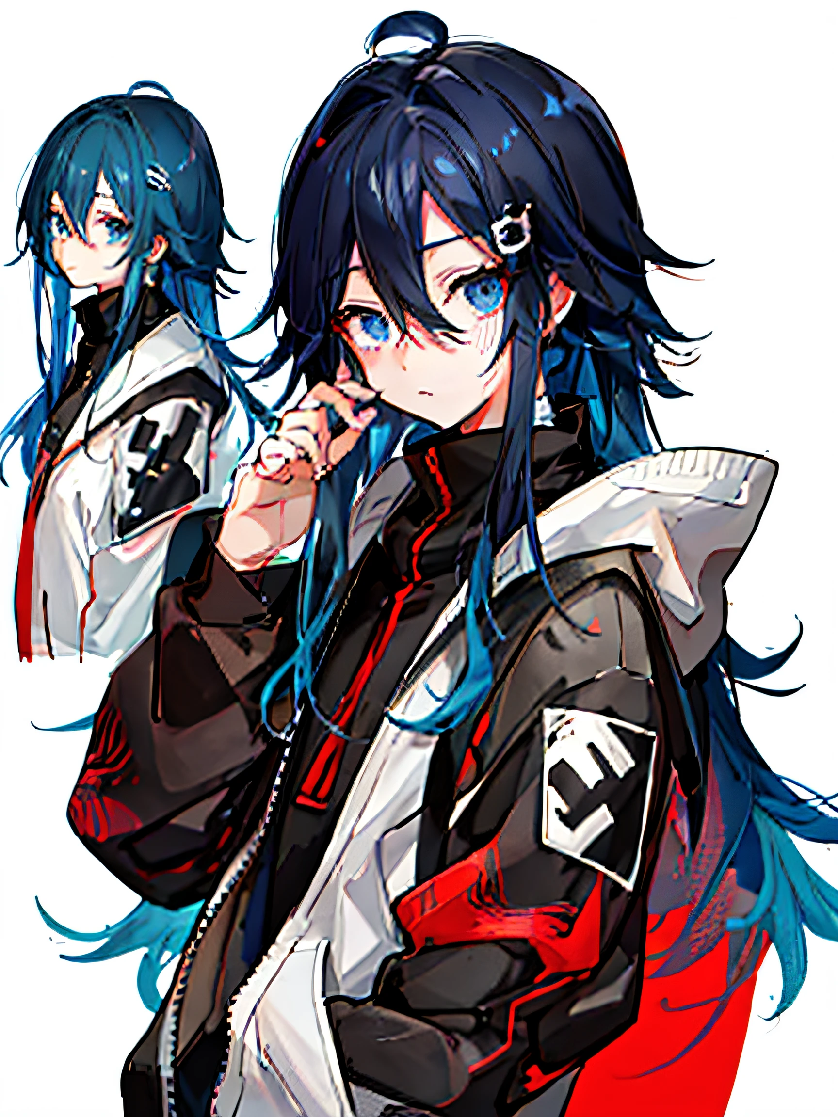 one eye is black the other is white, high-quality anime art style, modern anime style, anime style only, anime full body illustration, anime-styled, anime-style character, anime style 4 k, cute anime style,  anime character, Kawai, anime, anime boy, character design, different clothes, character design, full body, long hair half black half white, reference sheet, anime trap, man, male looking female, character design, multiple views, reference sheet