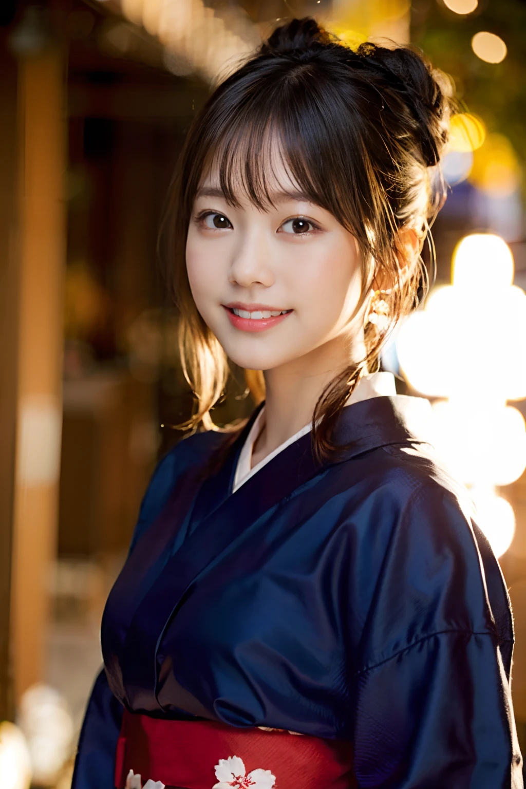 (8K、Raw photography、top-quality、​masterpiece:1.2)、(realisitic、Photorealsitic:1.37)、ultra-detailliert、超A high resolution、女の子1人、see the beholder、beautifull detailed face、A smile、Constriction、(Slim waist) :1.3)、Beautiful detailed skin、Skin Texture、Floating hair、Professional Lighting、Whole human body、a blond、Japanese Yukata、floral Yukata、Yukata with autumn leaves pattern、autumnal、Colored leaves、Red ribbons、Bob Hair、Happy smile、Suppin、Bun hairstyle