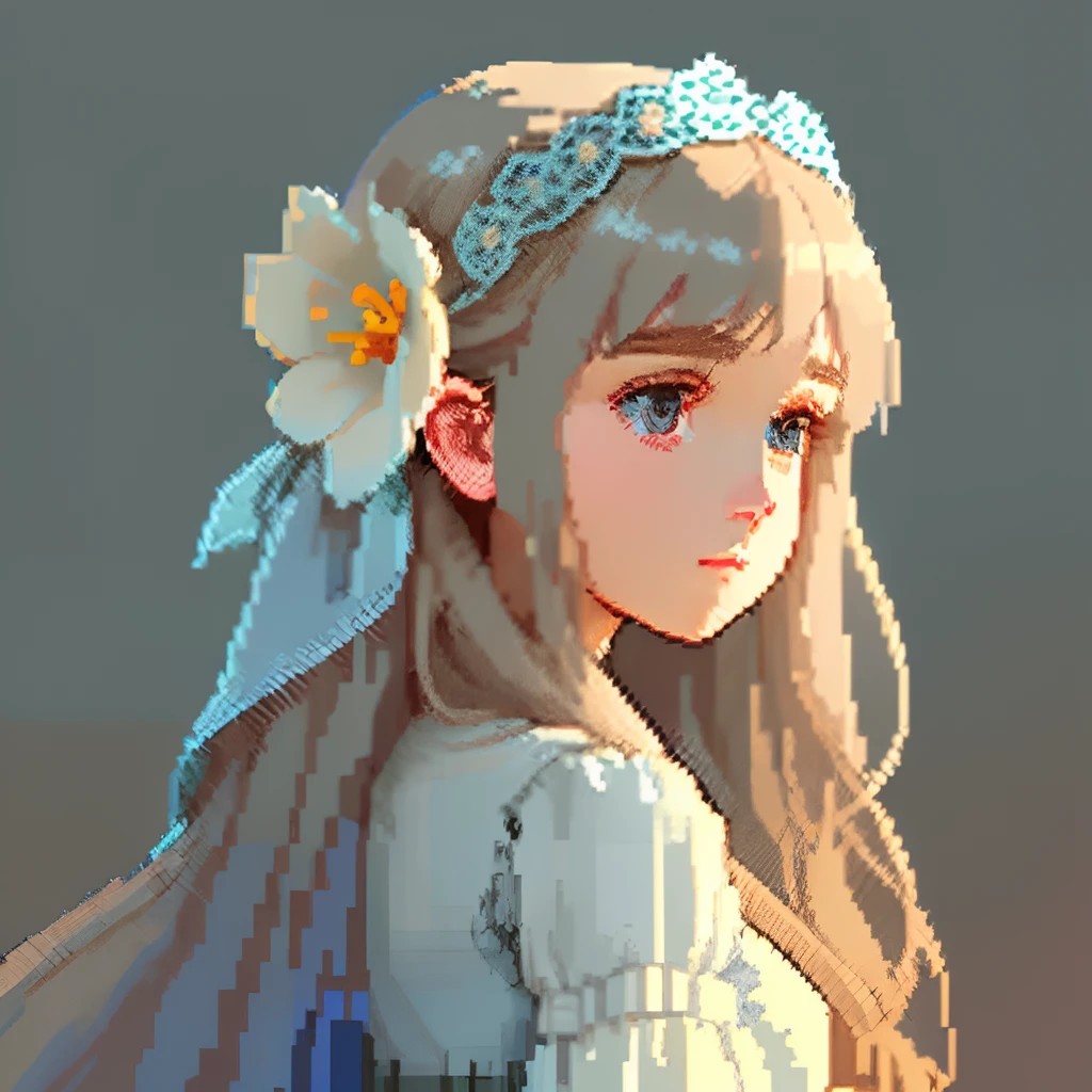 Pale light blue antique dress、Girl with long hair in a dull beige color、Look back and look at this.、Pixel art、Pixel Art Illustration、pixels、Plain background、Upper body、For icons、pixels_Art Book,Composition centered on the face、Straight face、Gothic headdress、pixels、Game-style illustration、Pixel art、pixels、Holding flowers