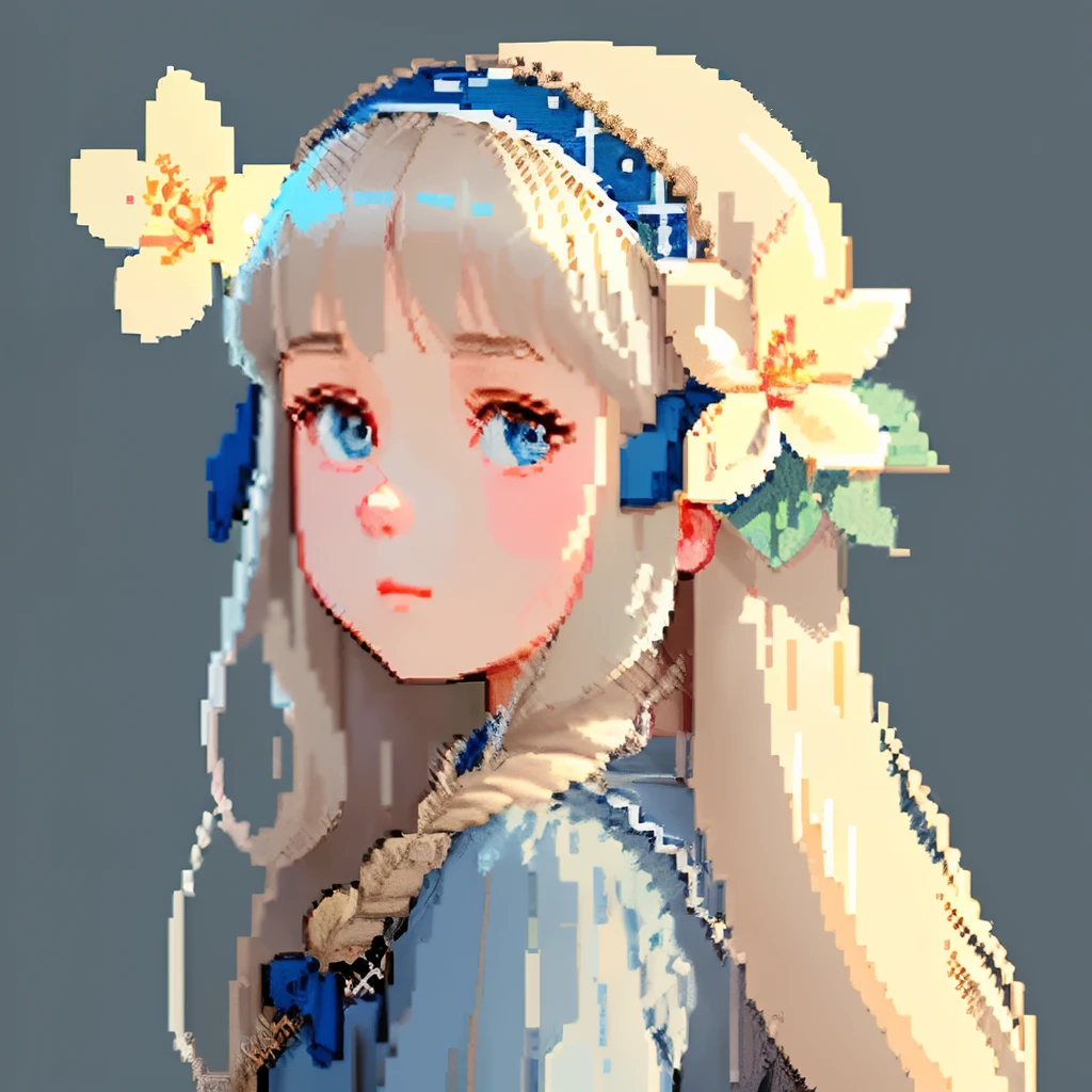 Pale light blue antique dress、Girl with long hair in a dull beige color、Look back and look at this.、Pixel art、Pixel Art Illustration、pixels、Plain background、Upper body、For icons、pixels_Art Book,Composition centered on the face、Straight face、Gothic headdress、pixels、Game-style illustration、Pixel art、pixels、Holding flowers