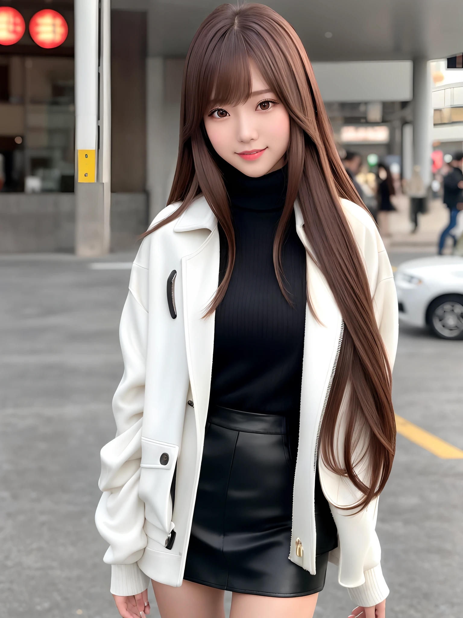 mastepiece, 1 girl per 1 photo, cowboy shot, front view, a Japanese young pretty girl, long bob hair, standing in front of a large station with a big smile, white jacket over a black turtleneck sweater, black miniskirt, a tote bag over her shoulder, hyper cute face, glossy lips, double eyelids for both eyes, natural makeup, shiny smooth light brown hair of long bob hair, asymmetrical bangs, high resolution, high detail, detailed hairstyle, detailed face, cinematic lighting, octane rendering, hyper realistic, perfect limbs, perfect anatomy