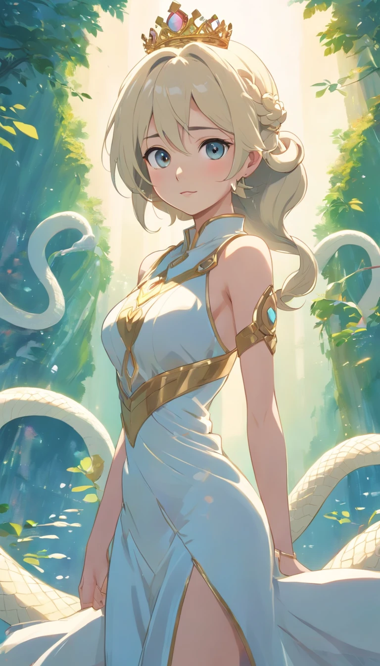 Pixar style super cute anthropomorphic white snake, Dai Han costume and crystal crown, standing, Charming big eyes, Cute tail, standing, Surreal, Super fine, Luxurious, Graceful standing, Charming big eyes, Cute tail, standing, Surreal, Super detailed, Luxurious, elegant, complex, Gorgeous, illusory engine, Octane rendering, 8K, Frey surrealism