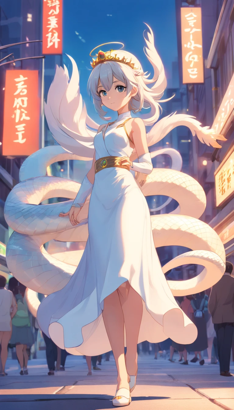 Pixar style super cute anthropomorphic white snake， Dai Han costume and crystal crown, standing, Charming big eyes, Cute tail, standing, Surreal, Super fine, Luxurious, Graceful standing, Charming big eyes, Cute tail, standing, Surreal, Super detailed, Luxurious, elegant, complex, Gorgeous, illusory engine, Octane rendering, 8K, Frey surrealism