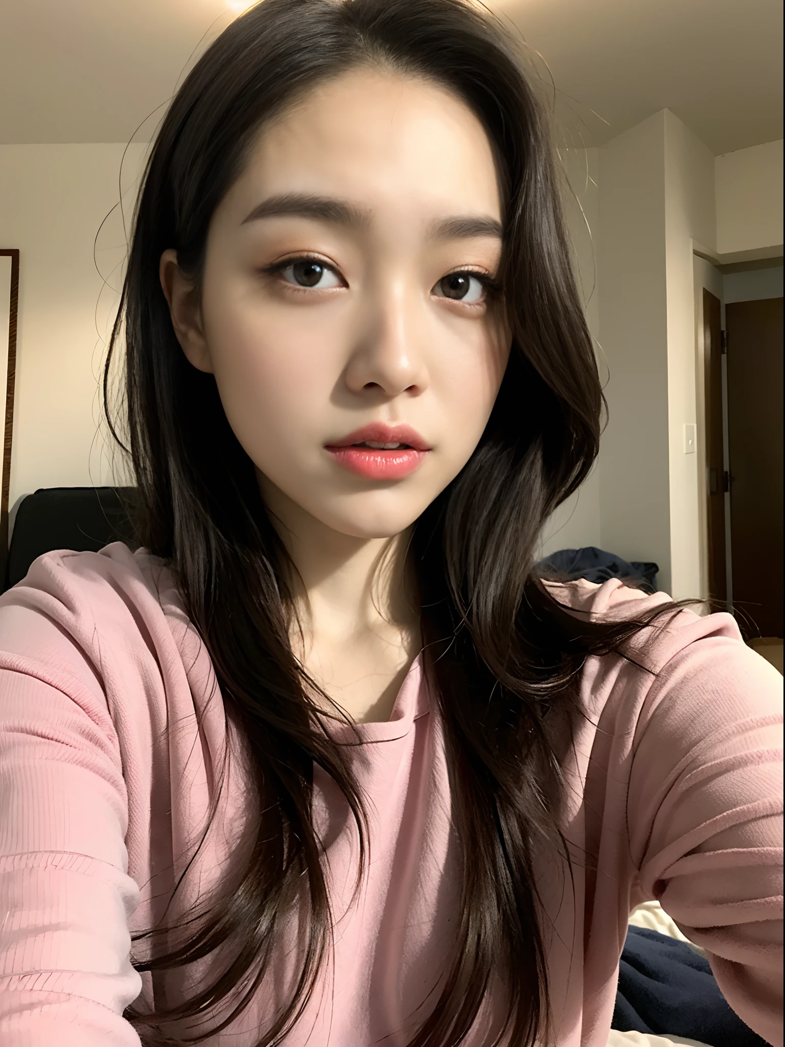 Highly detailed CG Unity 8K wallpapers,top Quority,ultra-detailliert,tmasterpiece,realisticlying,photos realistic,extremely detailed cute girl,25-years old,((blonde hair:1.4)),((dyed blonde)),(gals),Round eyes,peeping at the viewer,Be red in the face,Parted Lip,Half-body photography,
pyjamas, a bed, Half bread,nakeness