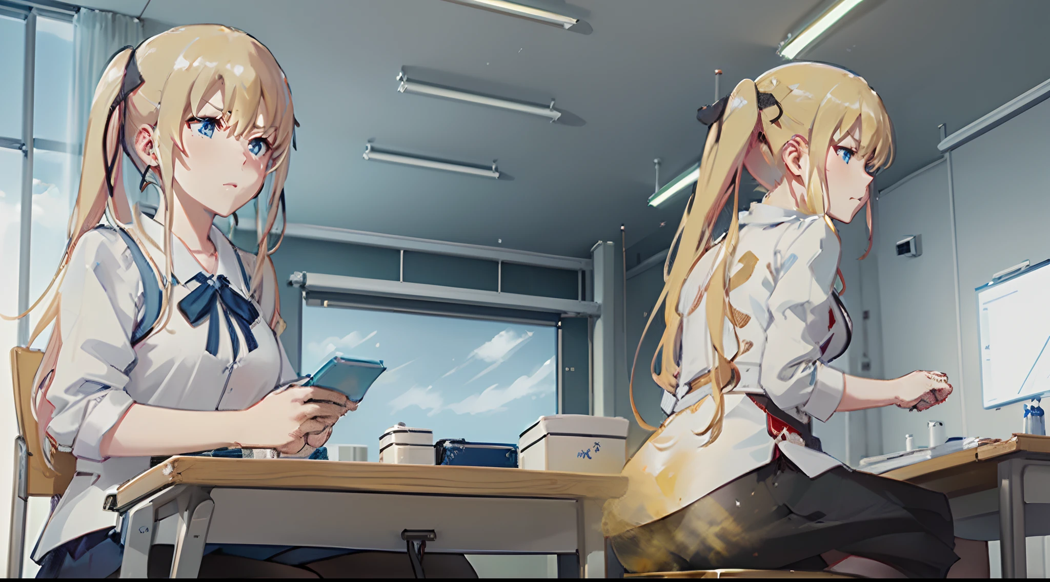 ((masutepiece, hight resolution,depth of fields, 4K,nffsw,))),Sawamura Spencer Eri々,a blond,Twin-tailed,length hair,Beautiful blue eyes, Girl farting from ass,You are smelling bad smells,Yellow smoke,Classroom during class,Girl sitting on a chair and taking class,Girl fart,Lori