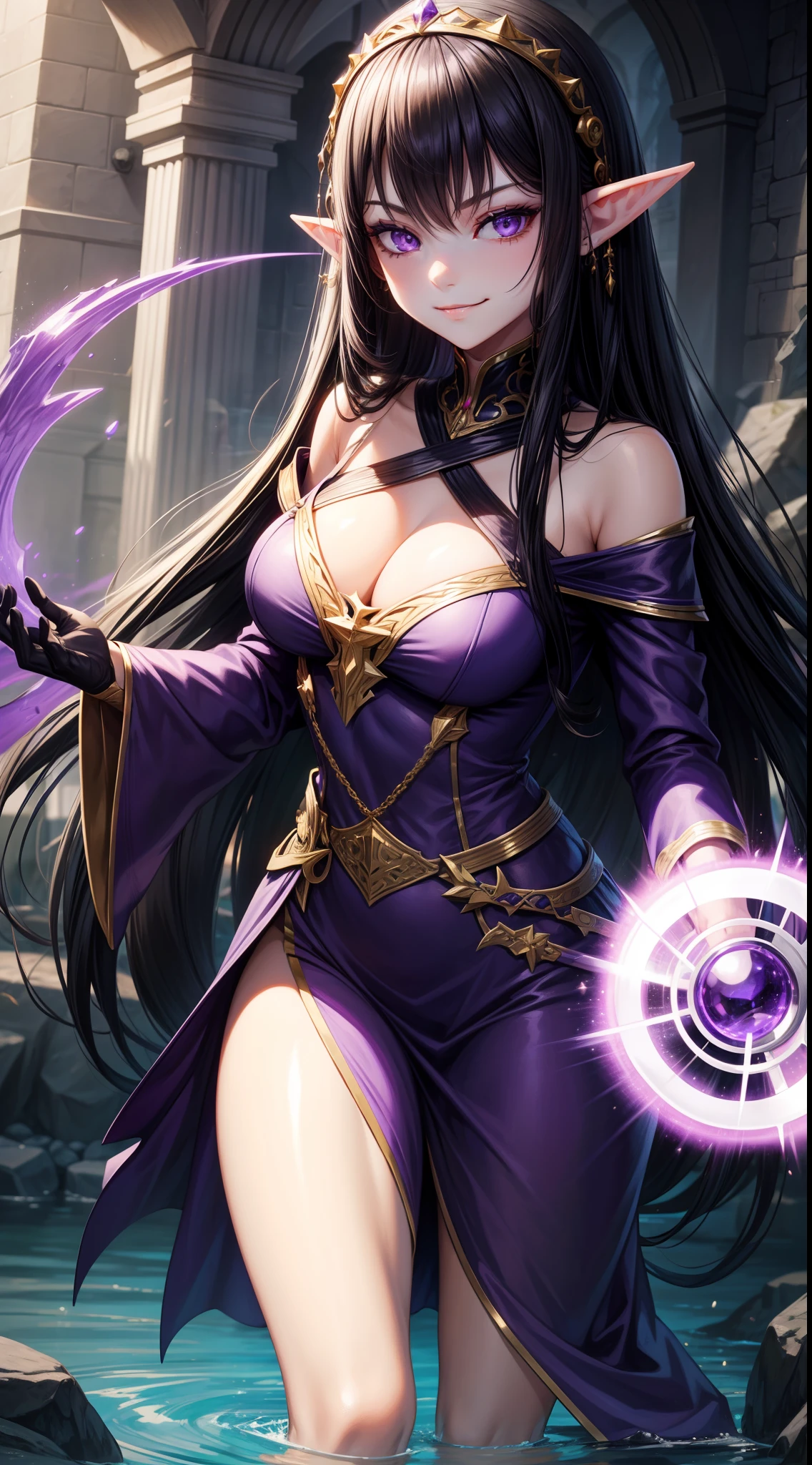 young girl, Long black hair, violet eyes, elf ears, smirk, Purple Sorcerer Form, Gold Elements, water magic, Masterpiece, hiquality, 4k, HD, Good detail