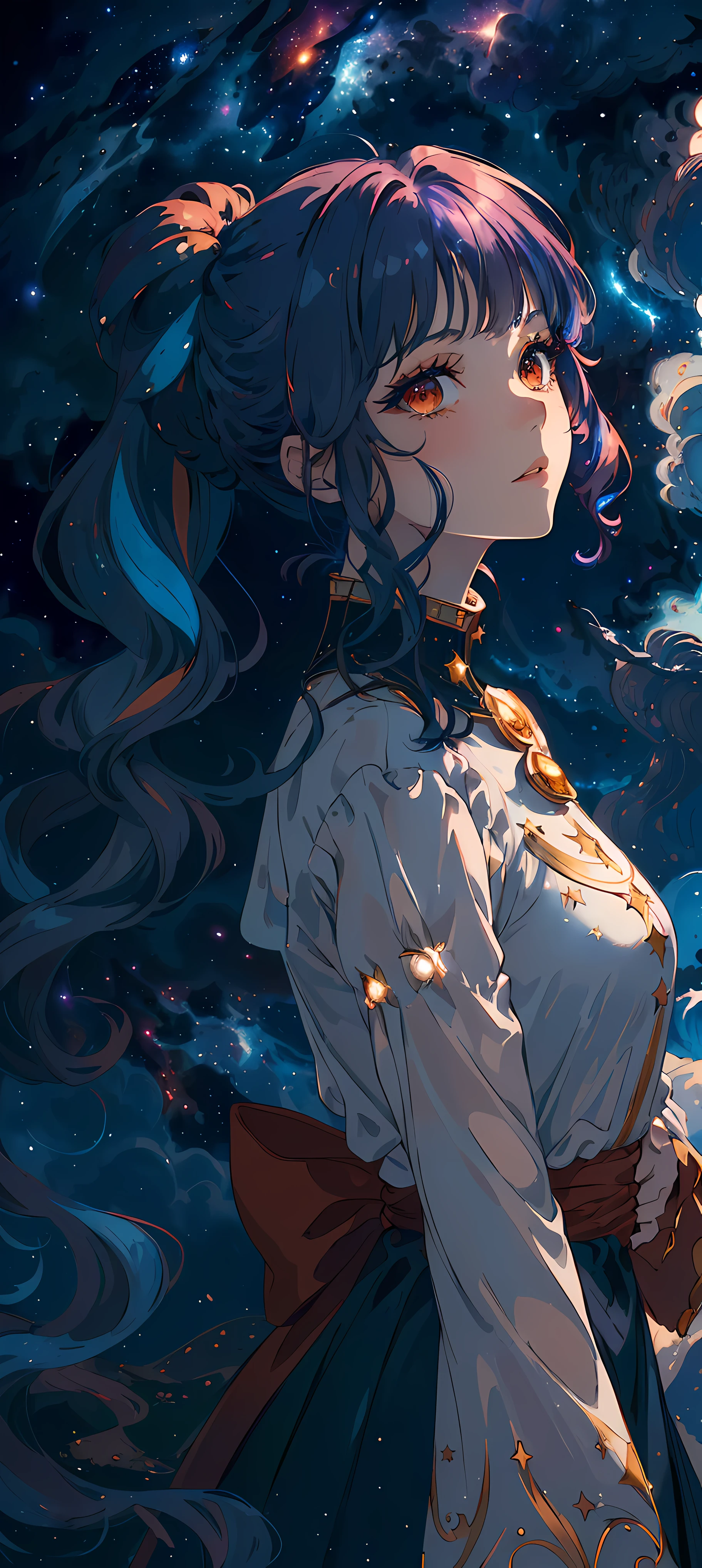 ((masterpiece)), (((best-Quality))), ((ultradetailed)), ((illustartion)),[The light effect of realism], eye shadow,(fantasy style),(starryground:1.6), dark background, illustration, 1 girl, sly look, Majestic view (multi-colored hair, Hair gradient, Hair color from blue to peach, without bangs, curly curl on the cheek, hairstyle: high ponytail, long tail), The eyes are crimson-red, Environment change scene, (The hair is surrounded by the bursts of the galaxy),))):((Her hair turns into galactic clouds,:1.27628), The Moon in the Night, Stars, wide eyes, Lashes, side glance, Crystal hair, Glowing Hair, shirt with collar, galaxy, Additional lighting