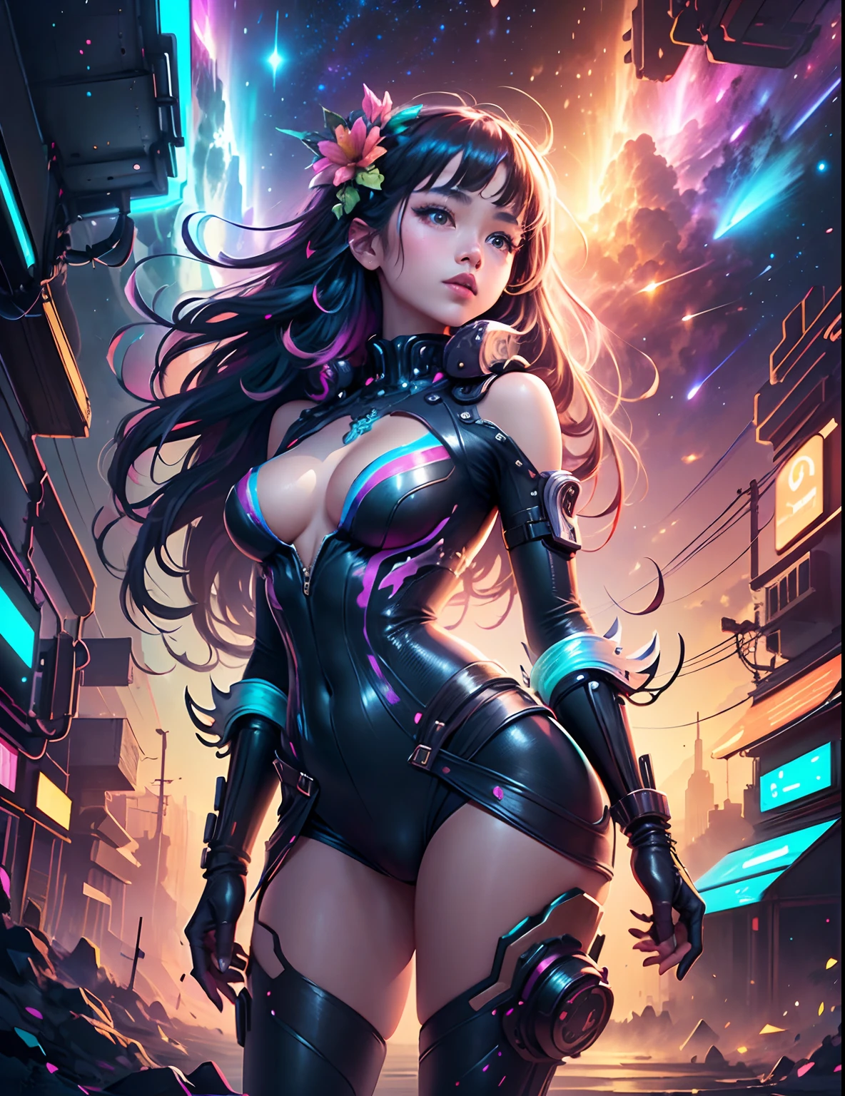 Girl standing in the clouds staring up as the stars, stars floating around her, brilliant colors, amazing swirls of cosmic dust, colorful vibrant, light particles, Create digital artwork in the Pop Art style, Featuring a vibrant and confident young Asian girl,street fashion (breast), Movie color scheme, Surrounded by vintage flower motifs, Vibrant brushstrokes,Emotions should be dynamic, Upper body, Drawing, illustration, escala cinza, tropical, Many flowers,