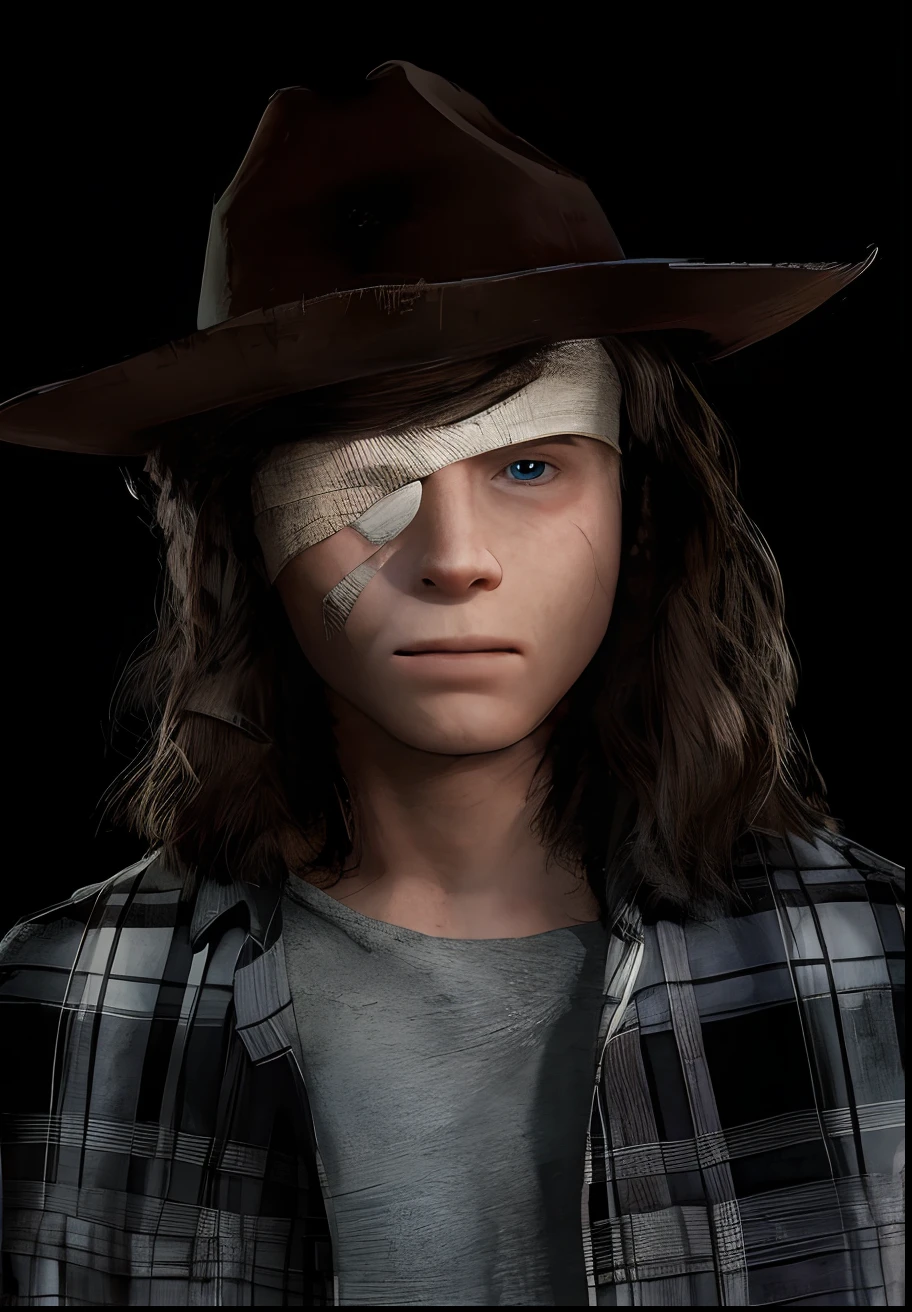 a Disney Pixar style 3D poster, in the image a man, blue eyes, long flowing hair and brown cowboy hat [named]: "Call Grimes" from the series "THE WALKING DEAD", he wears a white headband around his head underneath the hat, has a bandage with a bandage over his eye, the scenery reminiscent of the complexity of the scene with rich and frightening details from the series The Walking Dead.  the main character is very close to the camera, chest upwards.