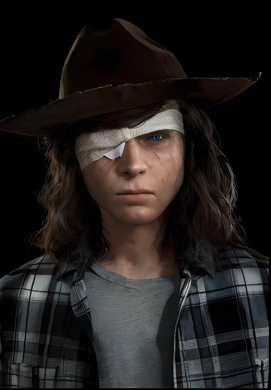 a Disney Pixar style 3D poster, in the image a man, blue eyes, long flowing hair and brown cowboy hat [named]: "Call Grimes" from the series "THE WALKING DEAD", he wears a white headband around his head underneath the hat, has a bandage with a bandage over his eye, the scenery reminiscent of the complexity of the scene with rich and frightening details from the series The Walking Dead.  the main character is very close to the camera, chest upwards.