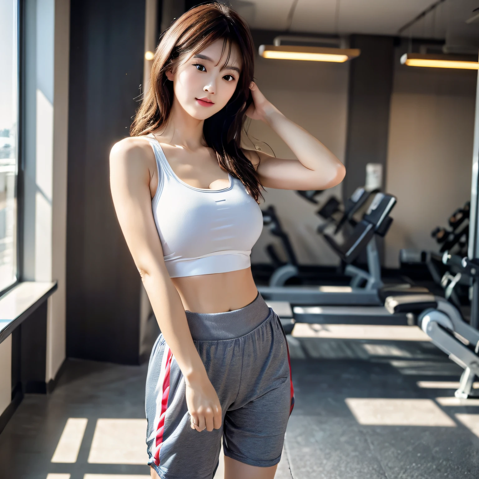 The highest image quality, RAW photos, Ultra-high sharpness, authentic skin texture,温柔的ssmile, 25 years old Asian beauty,Blue Bob Short Hair, blue hairs, Tight sports bra,The right yoga pants,with very thin lips, Beautiful eyes and details, long eyelasher, 二重まぶた, eye shadows, Abs,Permanent,looking at the camera in,ssmile,The background is the interior of the gym,fitness machine,The focus is on short blue hair