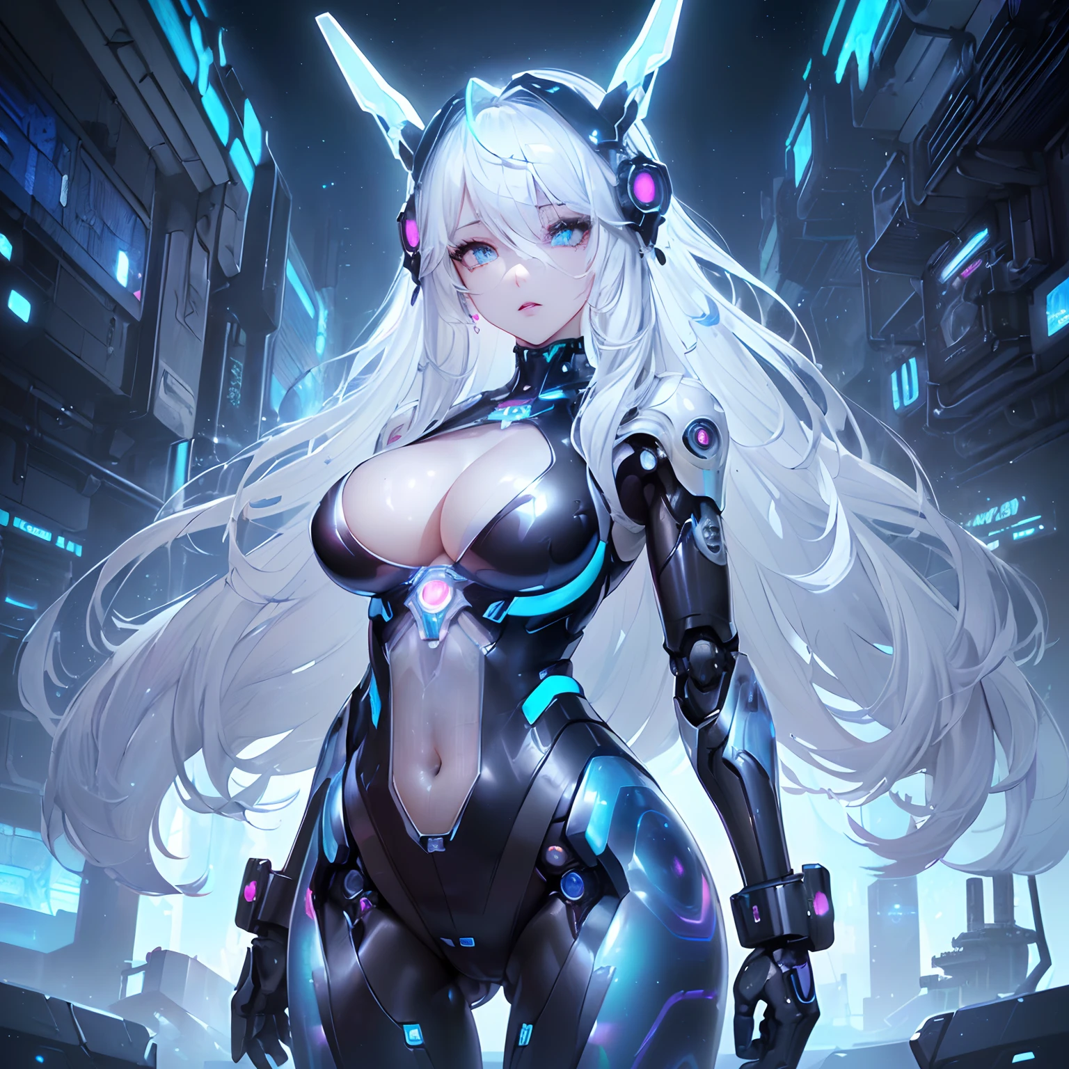 (((Of the highest quality)), (masterpiece), (detail:1.4), (((translucent mechanical robotic parts, black cyborg))), ((((solo)))), (((female focus))), ((woman made out of cyber parts)), ((skin of hips and thighs)), (((futuristic background))), many blue lights, (long white hair), (((Beautiful iridescent long hair))), (((blue Aurora Inner Hair))), Costume typography and numbering, ((grey and black eyes)), (((full lips))), detailed face, gorgeous eyes, iridescent body, standing, ((facing camera)), (((skin of the cleavage)), (glowing eyes), (in a futuristic city), (((wearing a futuristic white one piece)), ((futuristic headgear)), ((posing))
