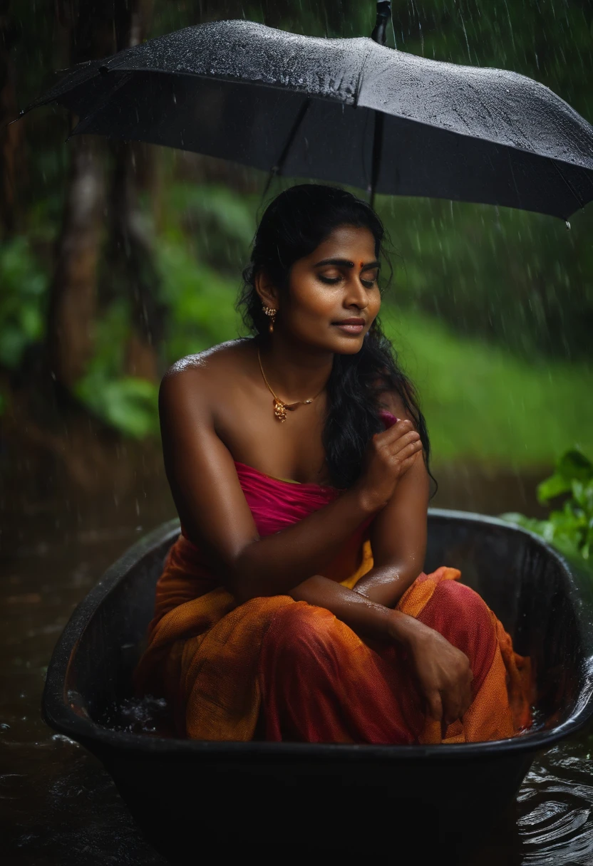 Sri Lankan 30 year old lady having bath in rain