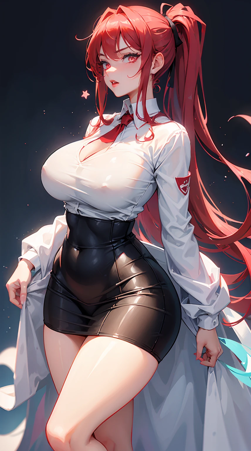1 woman milf “"Giant breasts" + "large rear" + "wide hips" + "plump thighs" + "red eyes" + "(white star pupils)" + (("serious expression")) + "Long red Hair in a ponytail" + "Red Lips" + "Lucious Lips"”)}, {“Outfit”: tight white shirt, short tight black skirt, white long Lab Coat open})