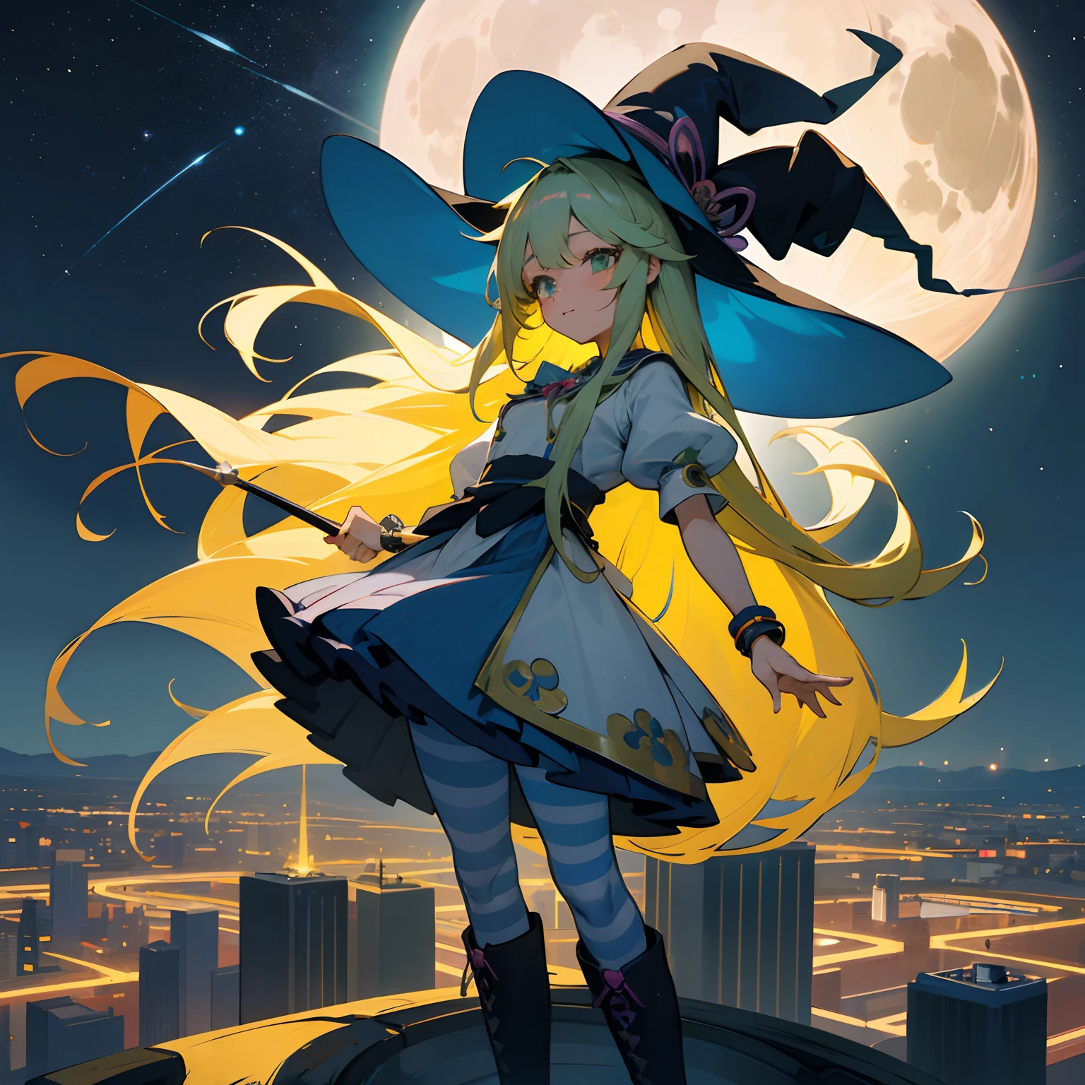 A cute japaneese magical girl, drawn in anime style, fantastic, bishojo, jade green eyes, very long yellow hair, small breast, witch hat, a cute blue magical dress with puffy sleeves and star pattern, ribbons, striped black and white pantyhose, silver bracelet, high hell boots, holding a magic wand, standing on top of a skyscraper, big city on horizon, full moon in the starry sky, masterpiece, highly detailed, 4K.