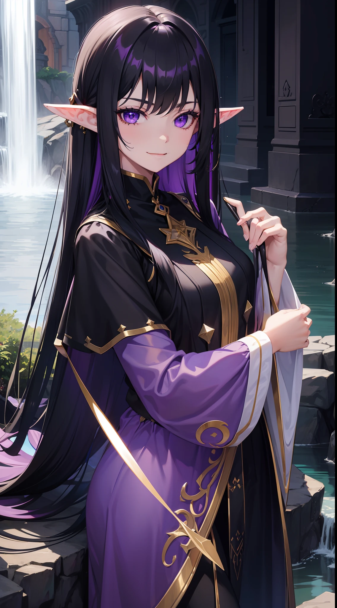 young girl, Long black hair, violet eyes, elf ears, smirk, Purple Sorcerer Form, Gold Elements, water magic, Masterpiece, hiquality, 4k, HD, Good detail
