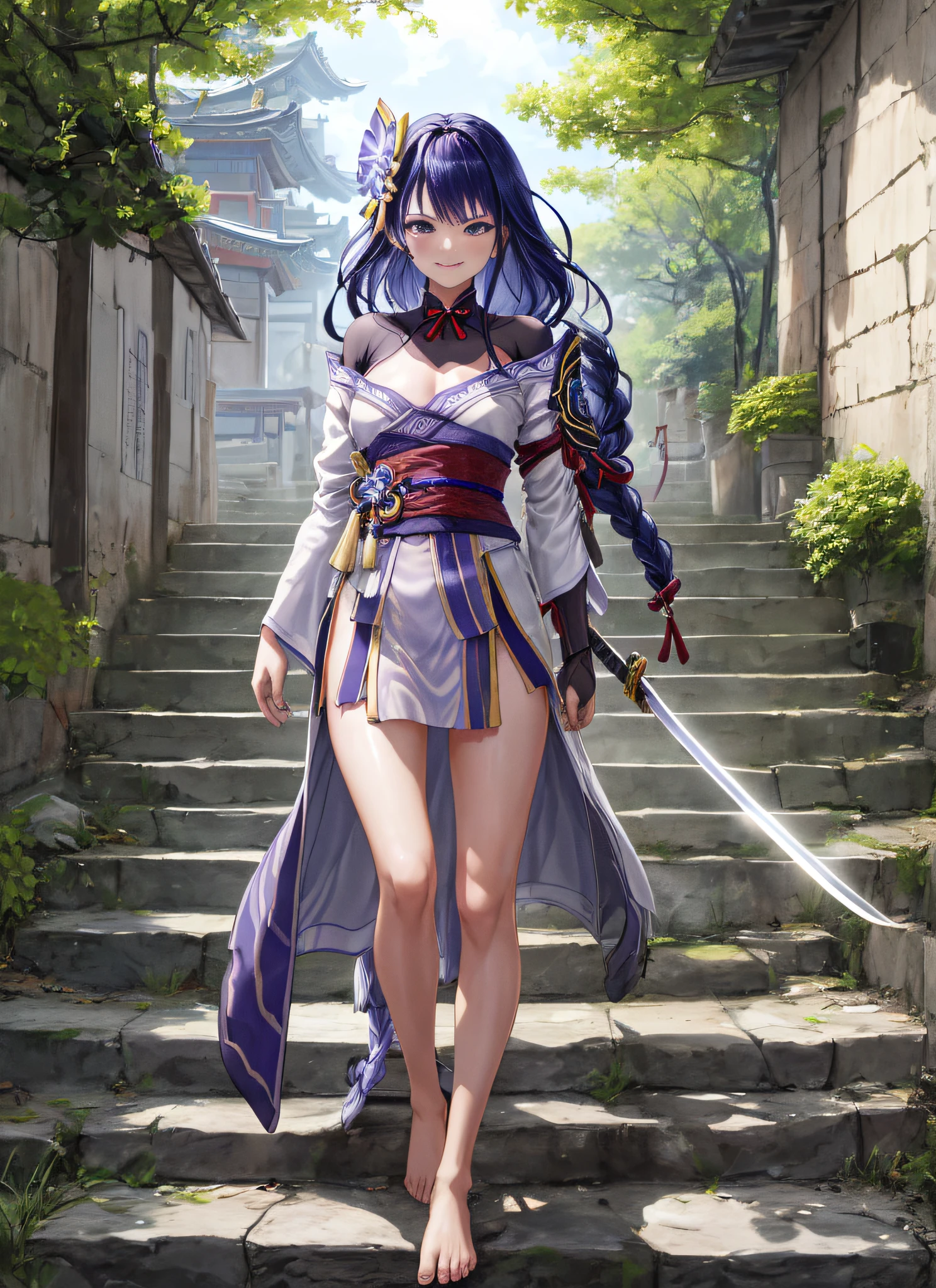Raiden general,Full body photo,Bare legged,Barefoot, ssmile, Blush, exteriors, tag, simple backgound, Blue skies, Long hair, Heaven, temple, looking at viewert, stairways, mont, grumpy lighting, face to the viewer, belo sorriso, sport, Dynamic battle stance with katana