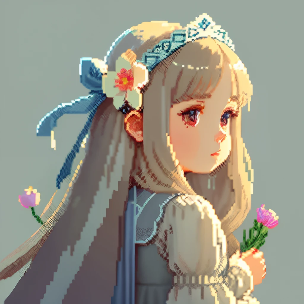 Pale light blue antique dress、Girl with long hair in a dull beige color、Look back and look at this.、Pixel art、Pixel Art Illustration、pixels、Plain background、Upper body、For icons、pixels_Art Book,Composition centered on the face、Straight face、Gothic headdress、pixels、Game-style illustration、Pixel art、pixels、Holding flowers