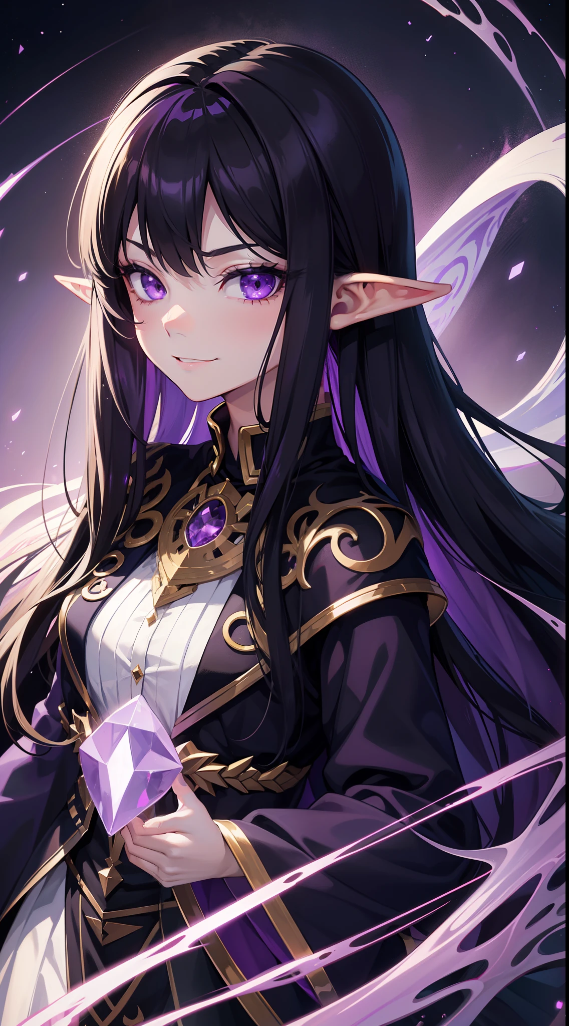 young girl, Long black hair, violet eyes, elf ears, smirk, Purple Sorcerer Form, Gold Elements, water magic, Masterpiece, hiquality, 4k, HD, Good detail