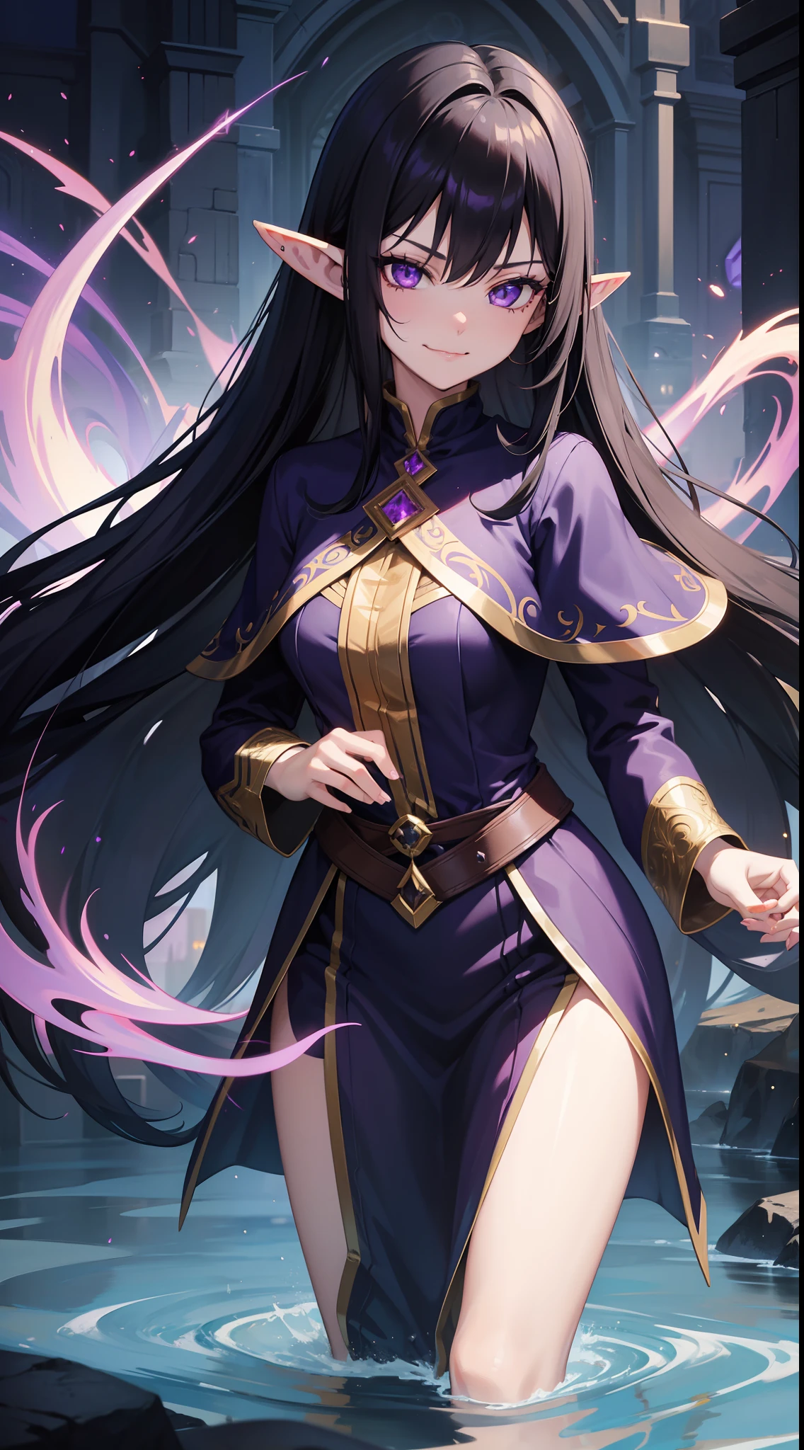 young girl, Long black hair, violet eyes, elf ears, smirk, Purple Sorcerer Form, Gold Elements, water magic, Masterpiece, hiquality, 4k, HD, Good detail