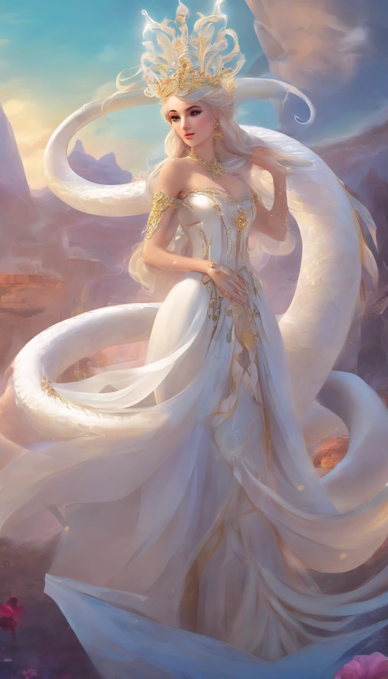 Pixar style super cute anthropomorphic white snake, Daihan costume and crystal crown, standing, Charming big eyes, Cute tail, standing, Surreal, Super fine, Luxurious, Graceful standing, Charming big eyes, Cute tail, standing, Surreal, Super detailed, Luxurious, elegant, complex, Gorgeous, illusory engine, Octane rendering, 8K, Frey surrealism