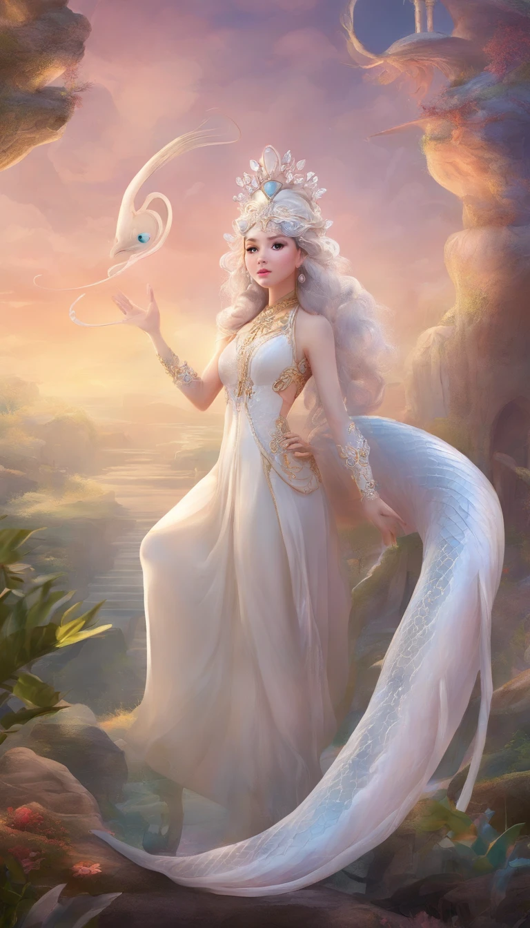 Pixar style super cute anthropomorphic white snake, Daihan costume and crystal crown, standing, Charming big eyes, Cute tail, standing, Surreal, Super fine, Luxurious, Graceful standing, Charming big eyes, Cute tail, standing, Surreal, Super detailed, Luxurious, elegant, complex, Gorgeous, illusory engine, Octane rendering, 8K, Frey surrealism