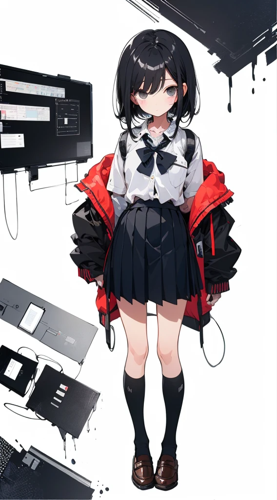 (Top quality illustrations:1.2)、(Cute  girl s:1.0)、(女の子1人:1.0)、(Short black hair:1.0)、(School Uniforms:1.0)、(full body Esbian:1.0)、(ultra-detailliert) 、17 ageu have headphones、Jumping