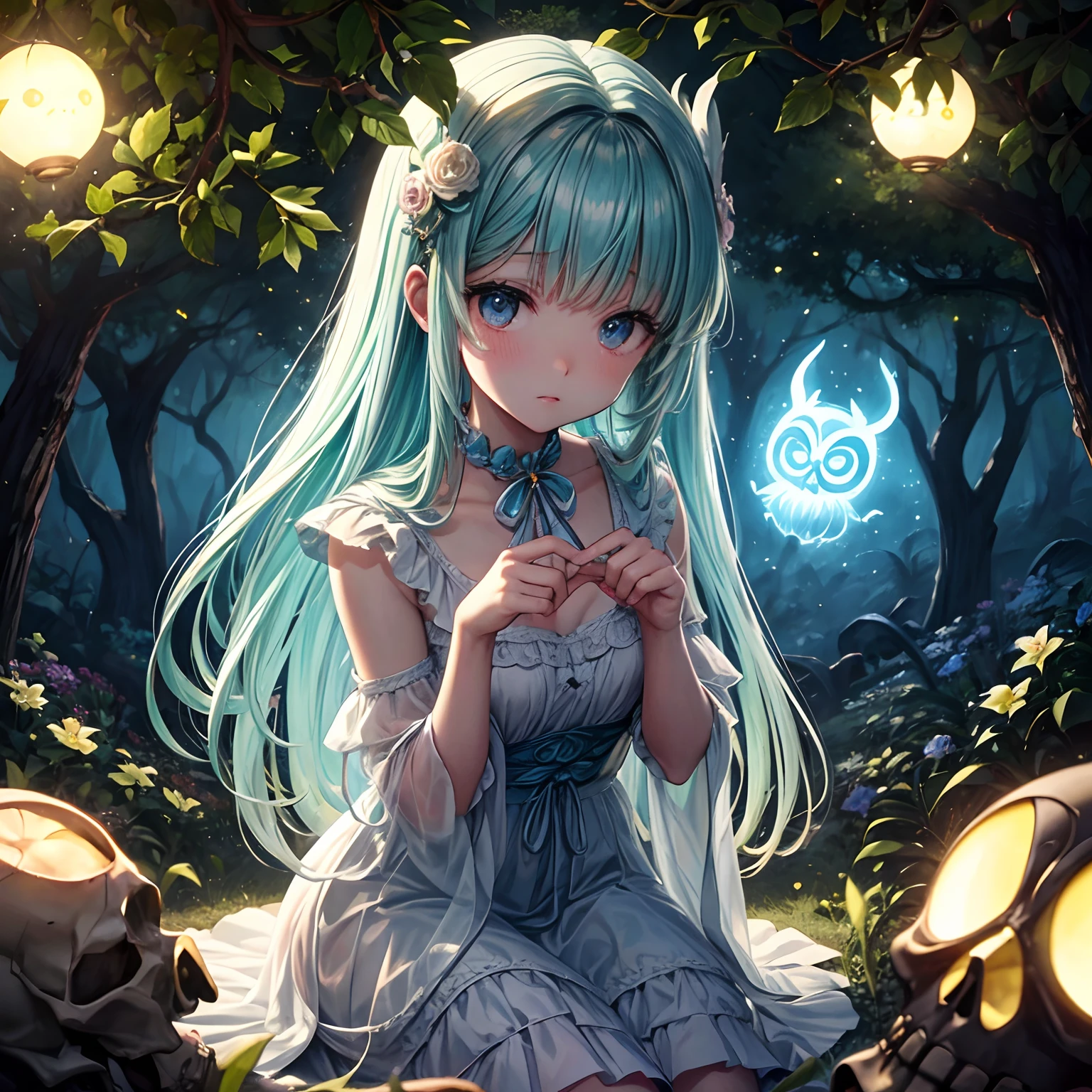 Ilustracao estilo anime vintage de cemiterio simples de vilarejo, uma cepelinha ao fundo, neblina fraca ao chao, Jovem mulher fantasma apaixonada, vintage, Nudity s sleatorykhp transparent translucent, Luminous orbs around with painted faces with Mexican skull sitting under tree playing viola, It's a whole night An owl on the tree branch, vegetation on the ground